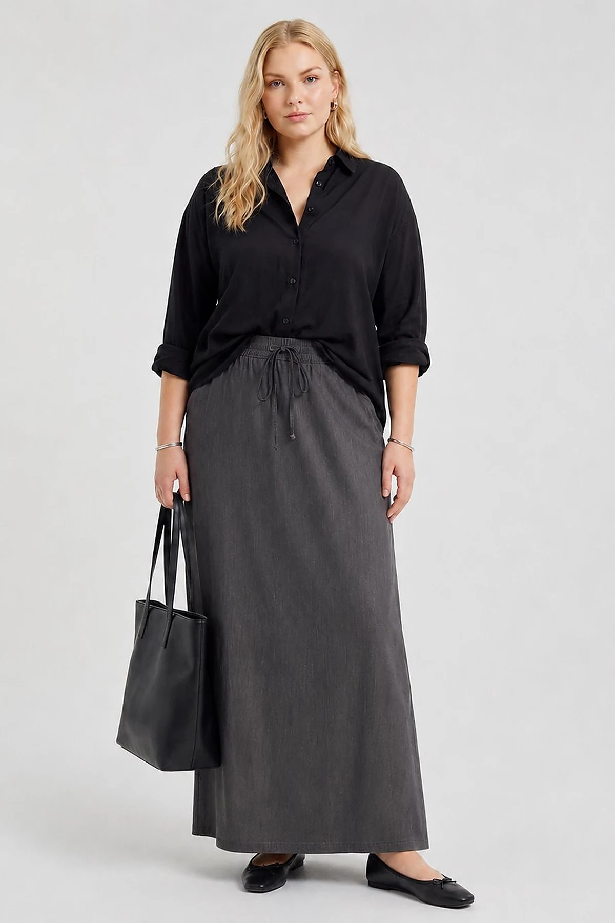 High-Waist Drawstring Denim Skirt – Black