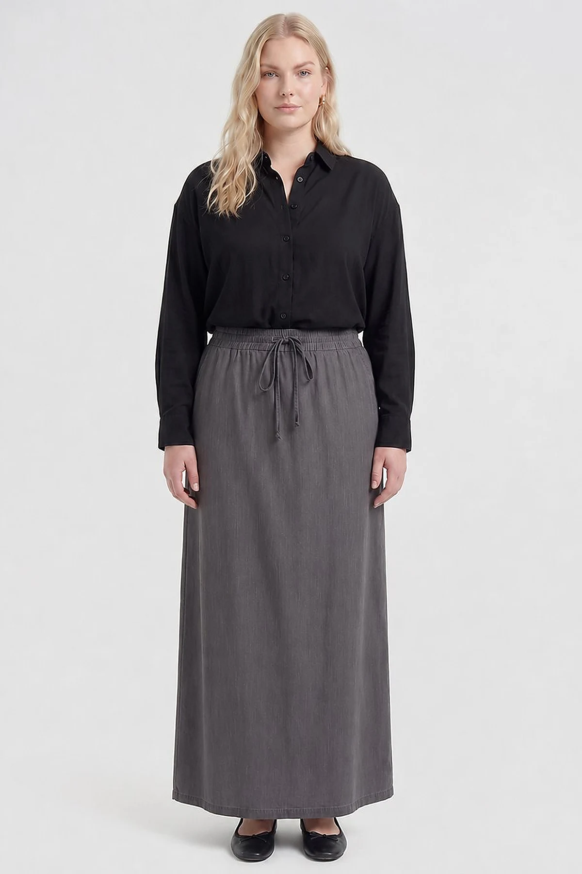 High-Waist Drawstring Denim Skirt – Black
