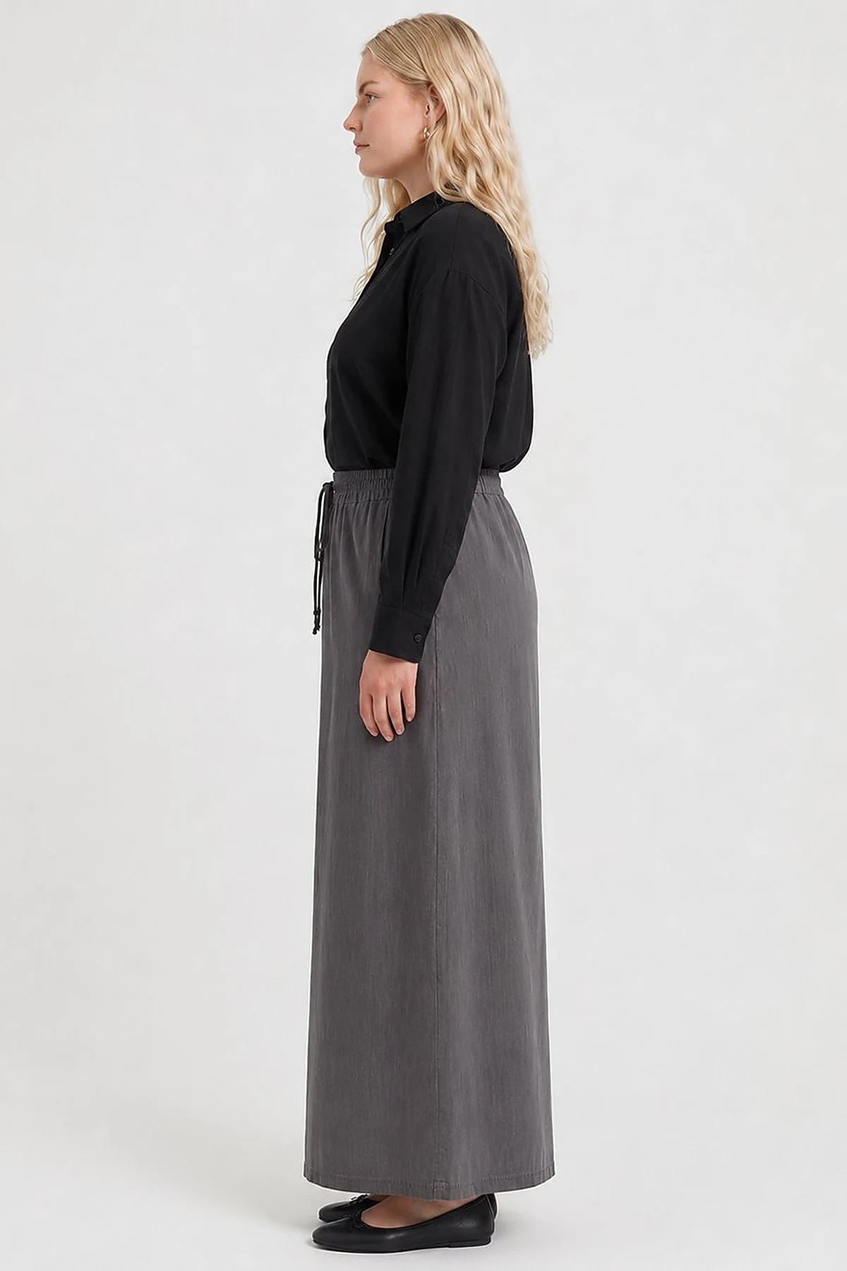 High-Waist Drawstring Denim Skirt – Black