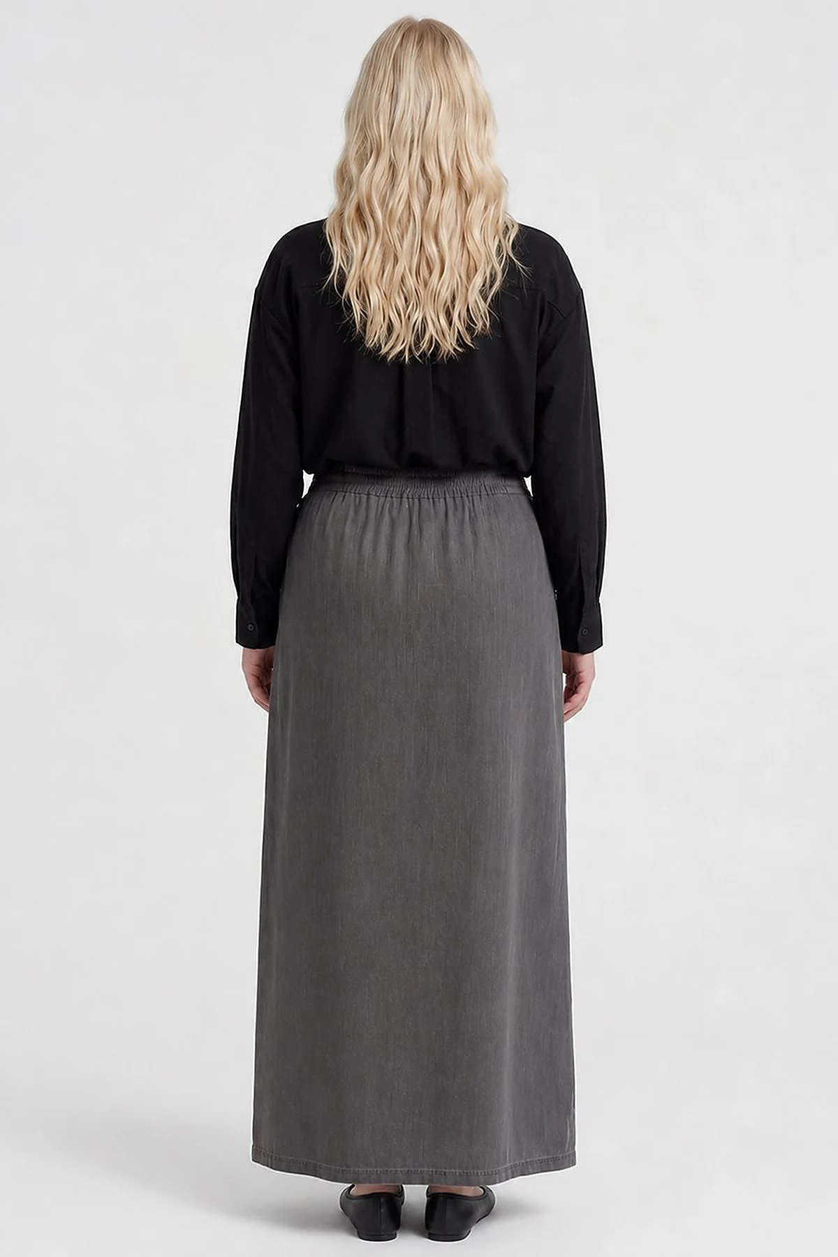 High-Waist Drawstring Denim Skirt – Black