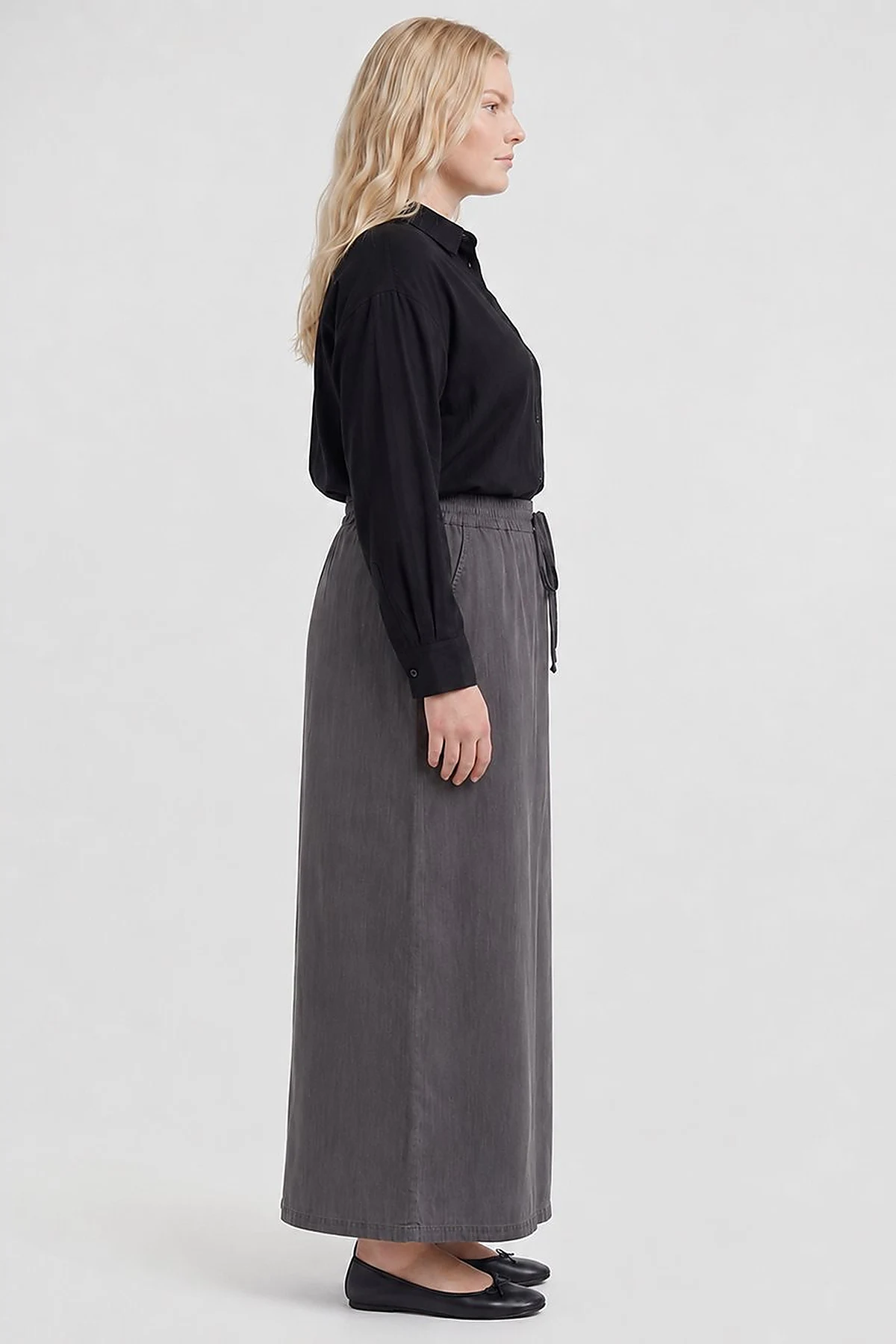 High-Waist Drawstring Denim Skirt – Black