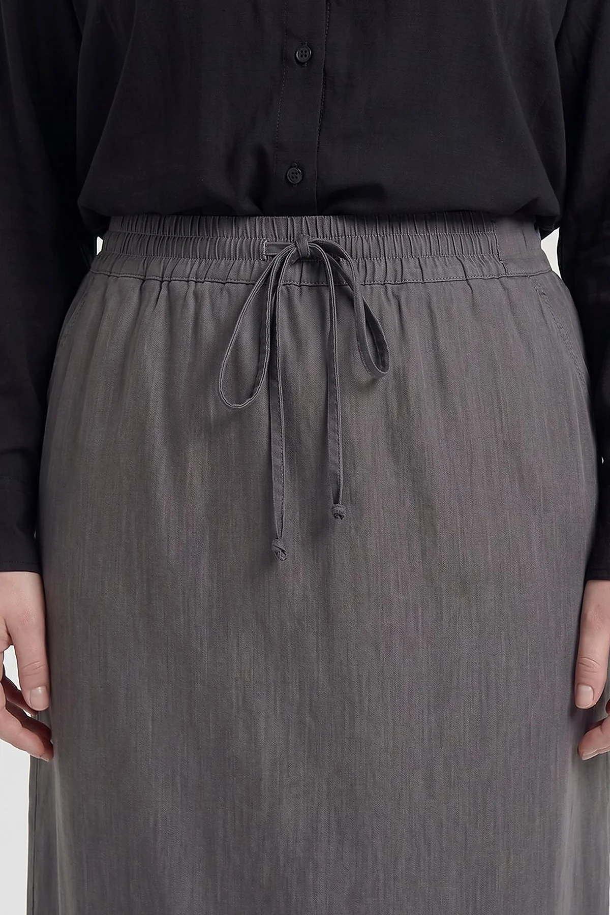 High-Waist Drawstring Denim Skirt – Black