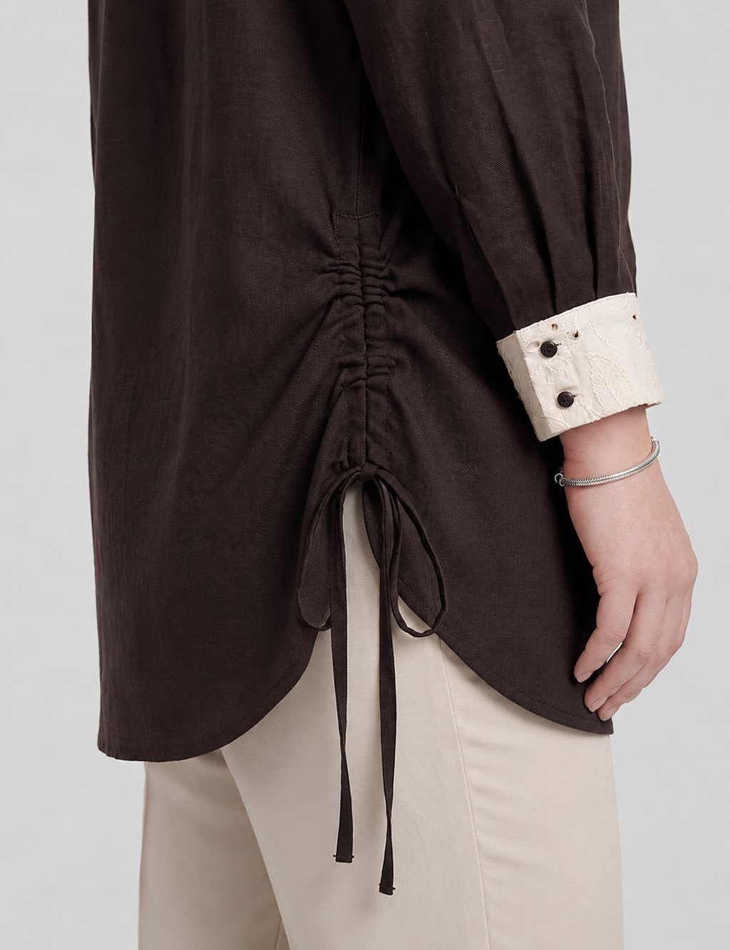 Embroidered Trim Lyocell Tunic Dark Brown