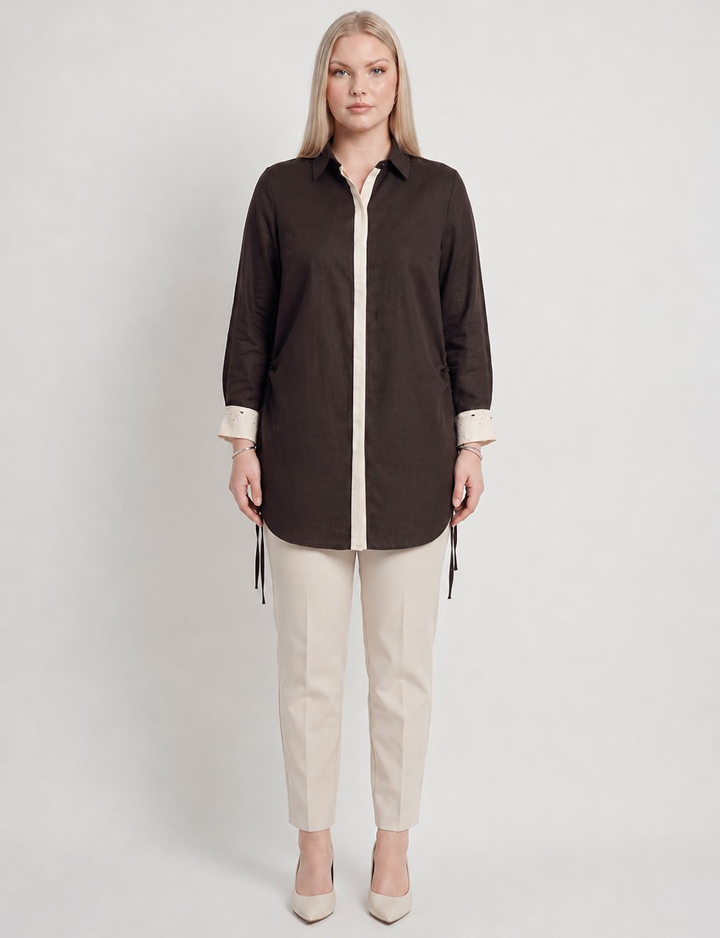 Embroidered Trim Lyocell Tunic Dark Brown