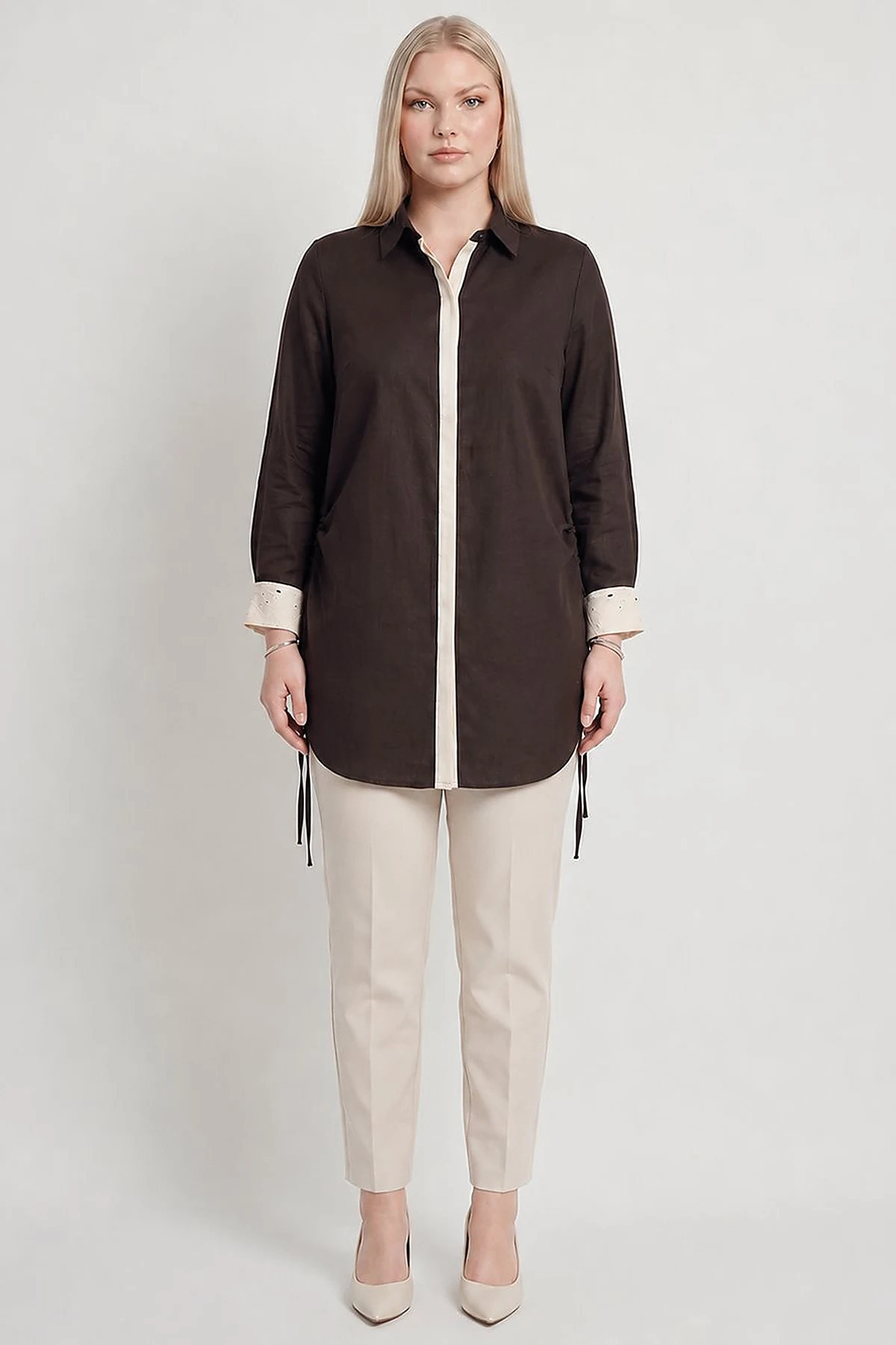 Embroidered Trim Lyocell Tunic Dark Brown