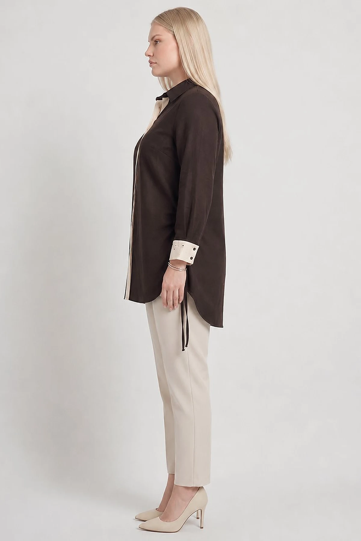 Embroidered Trim Lyocell Tunic Dark Brown