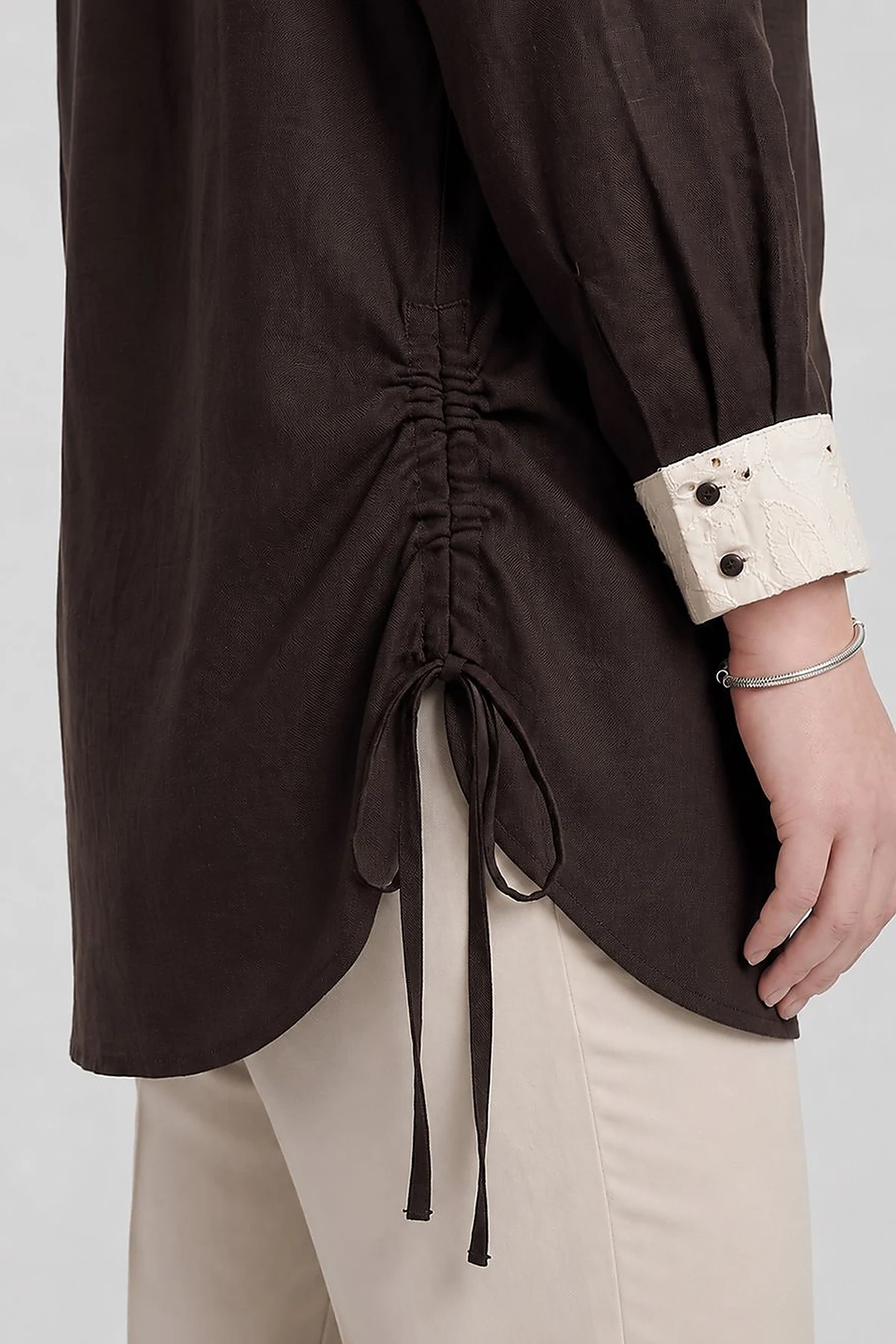 Embroidered Trim Lyocell Tunic Dark Brown