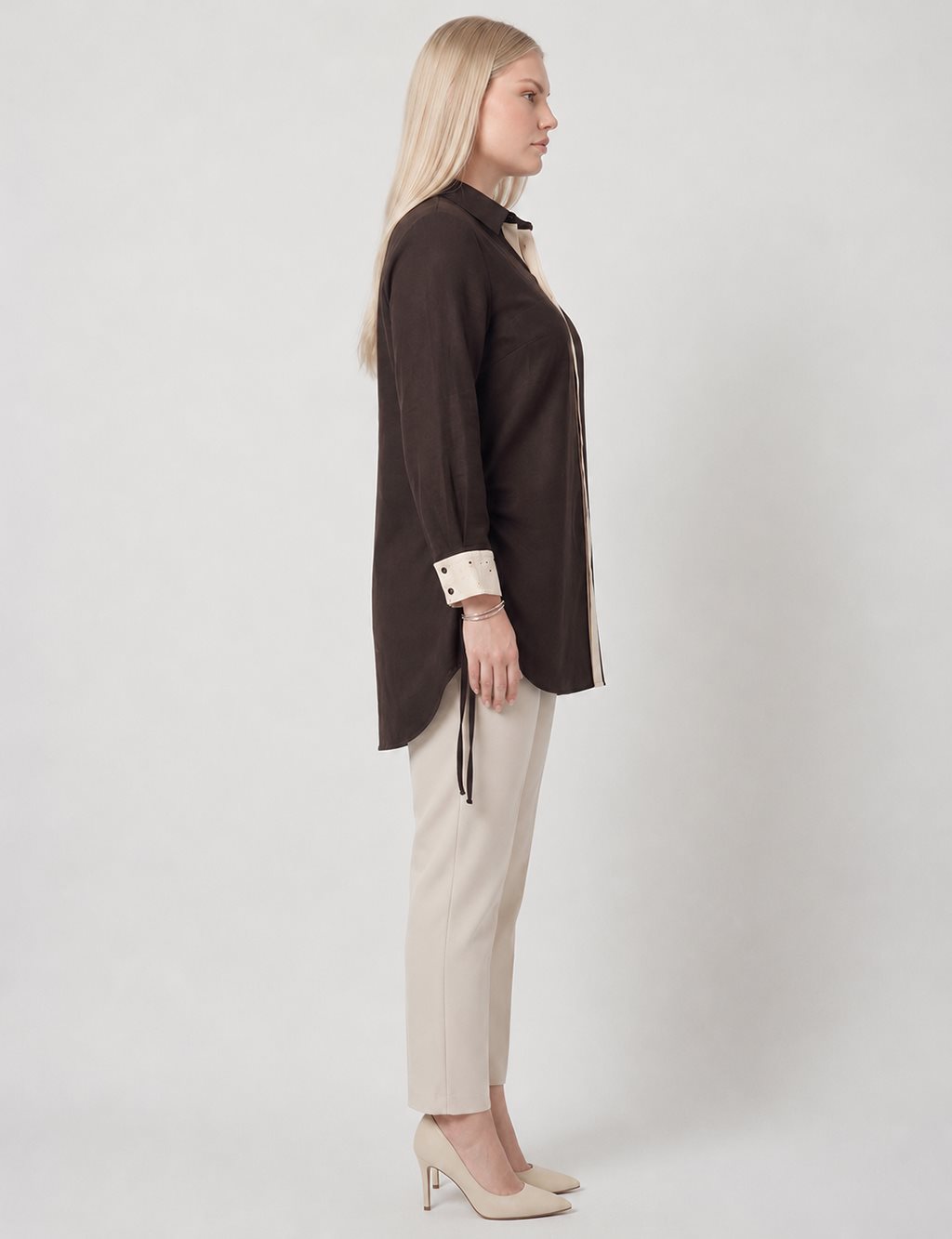 Embroidered Trim Lyocell Tunic Dark Brown
