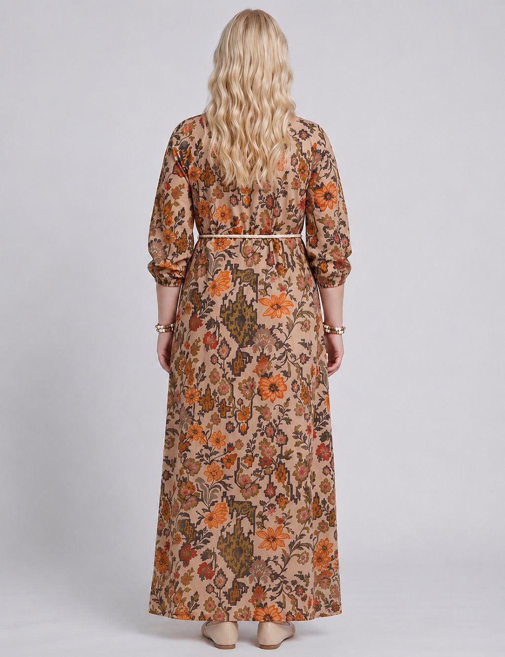 100% Cotton Patterned Band Collar Dress – Beige