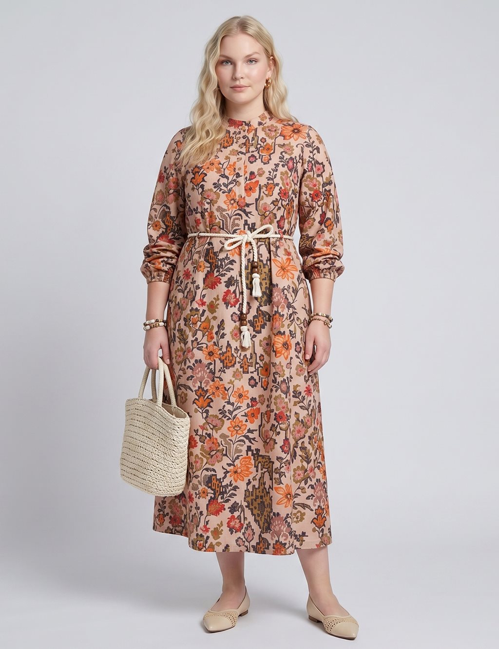 100% Cotton Patterned Band Collar Dress – Beige