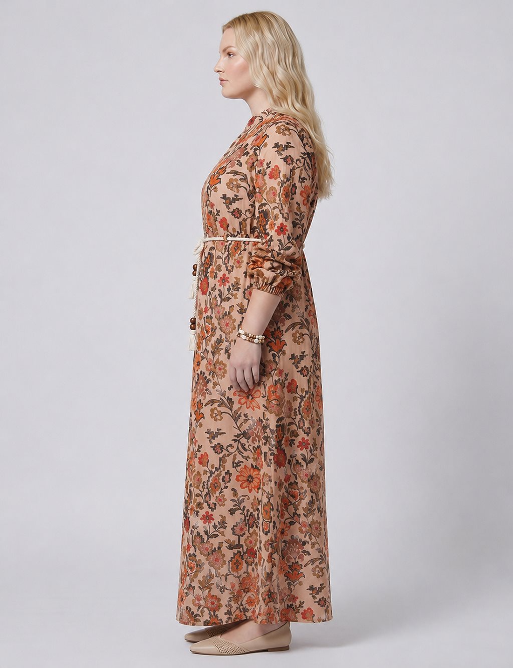 100% Cotton Patterned Band Collar Dress – Beige