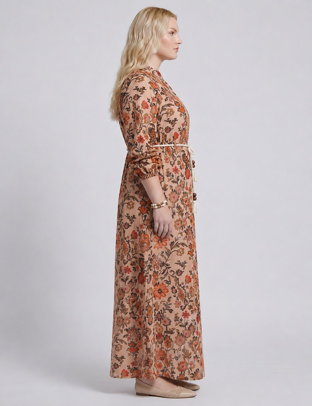 100% Cotton Patterned Band Collar Dress – Beige