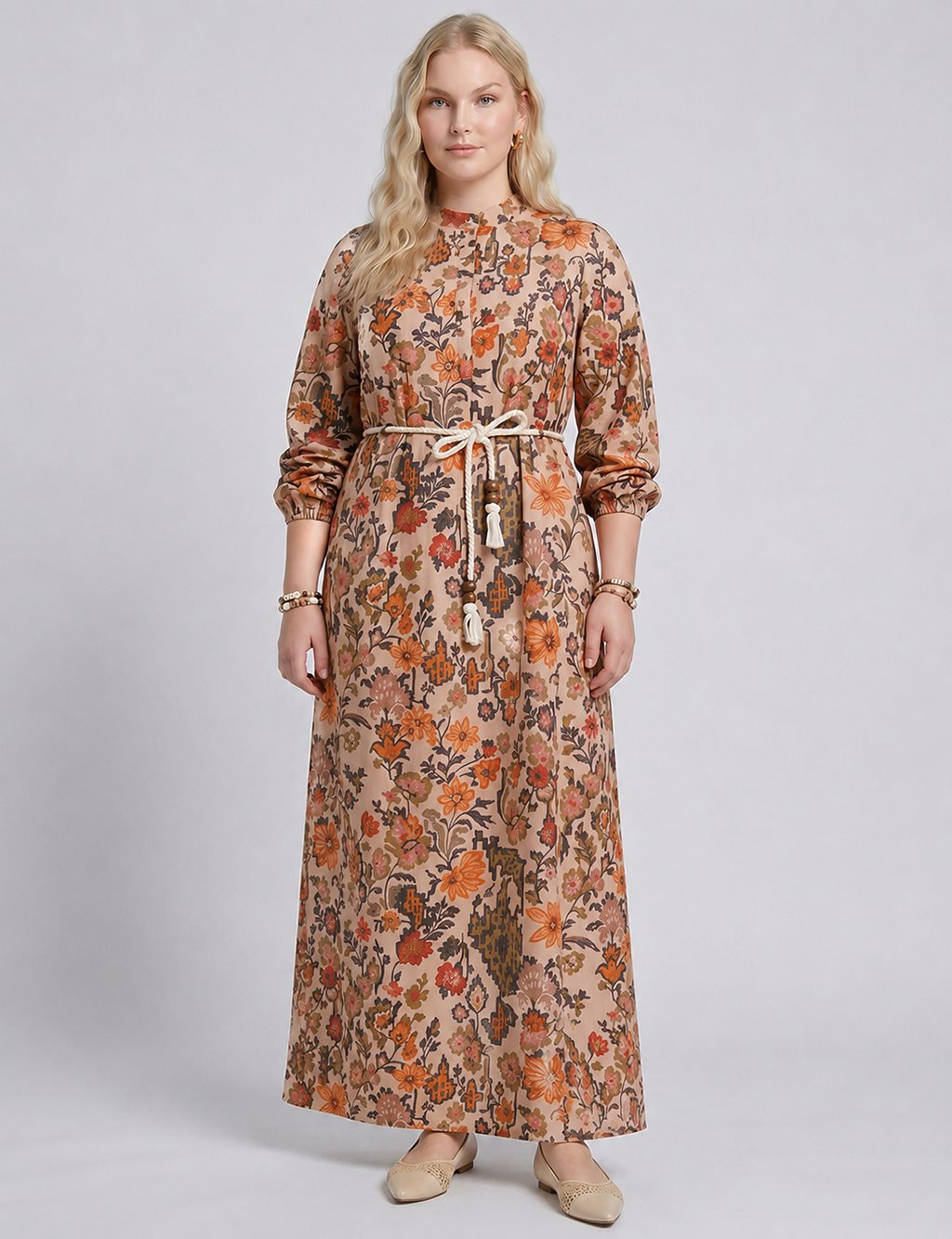 100% Cotton Patterned Band Collar Dress – Beige