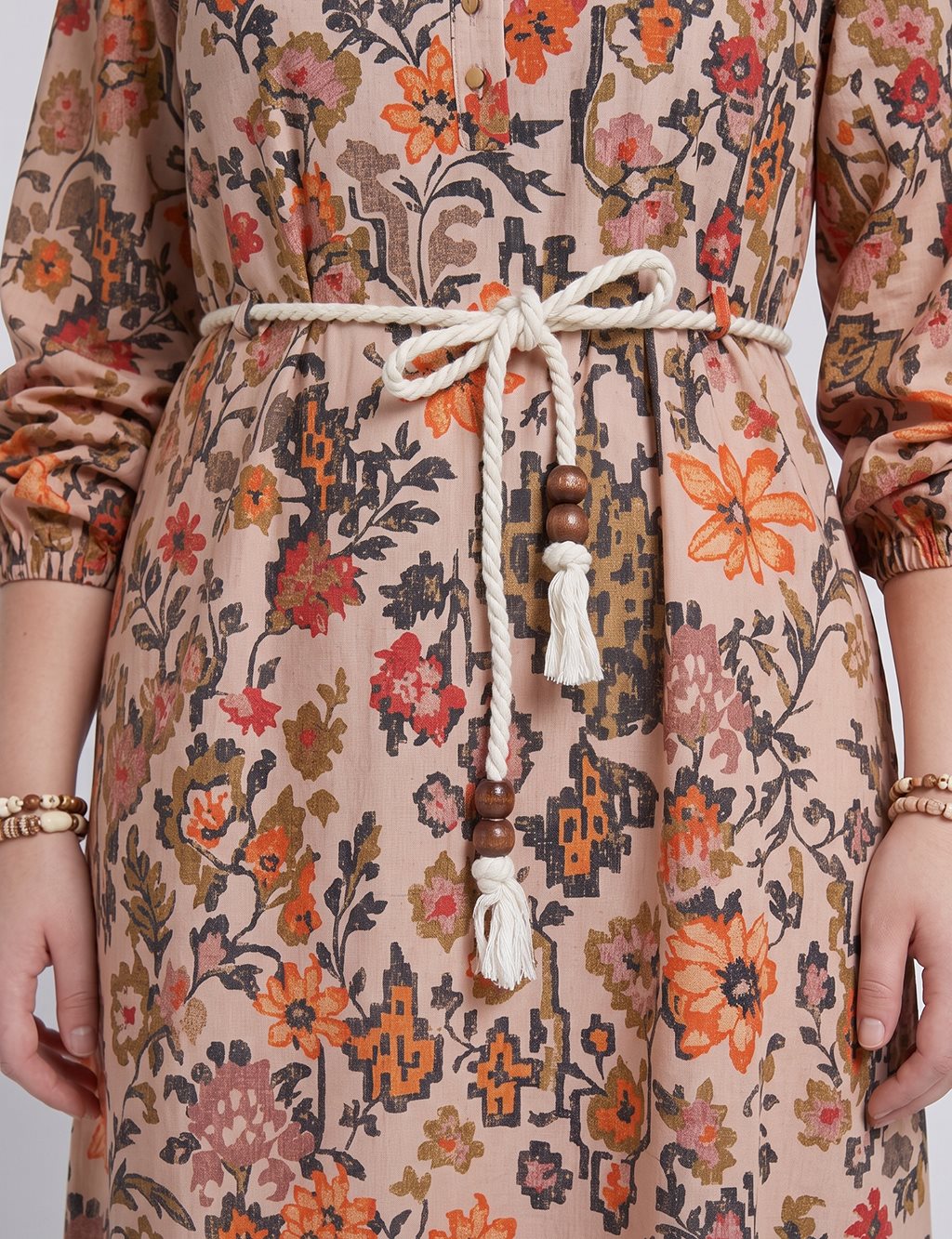 100% Cotton Patterned Band Collar Dress – Beige