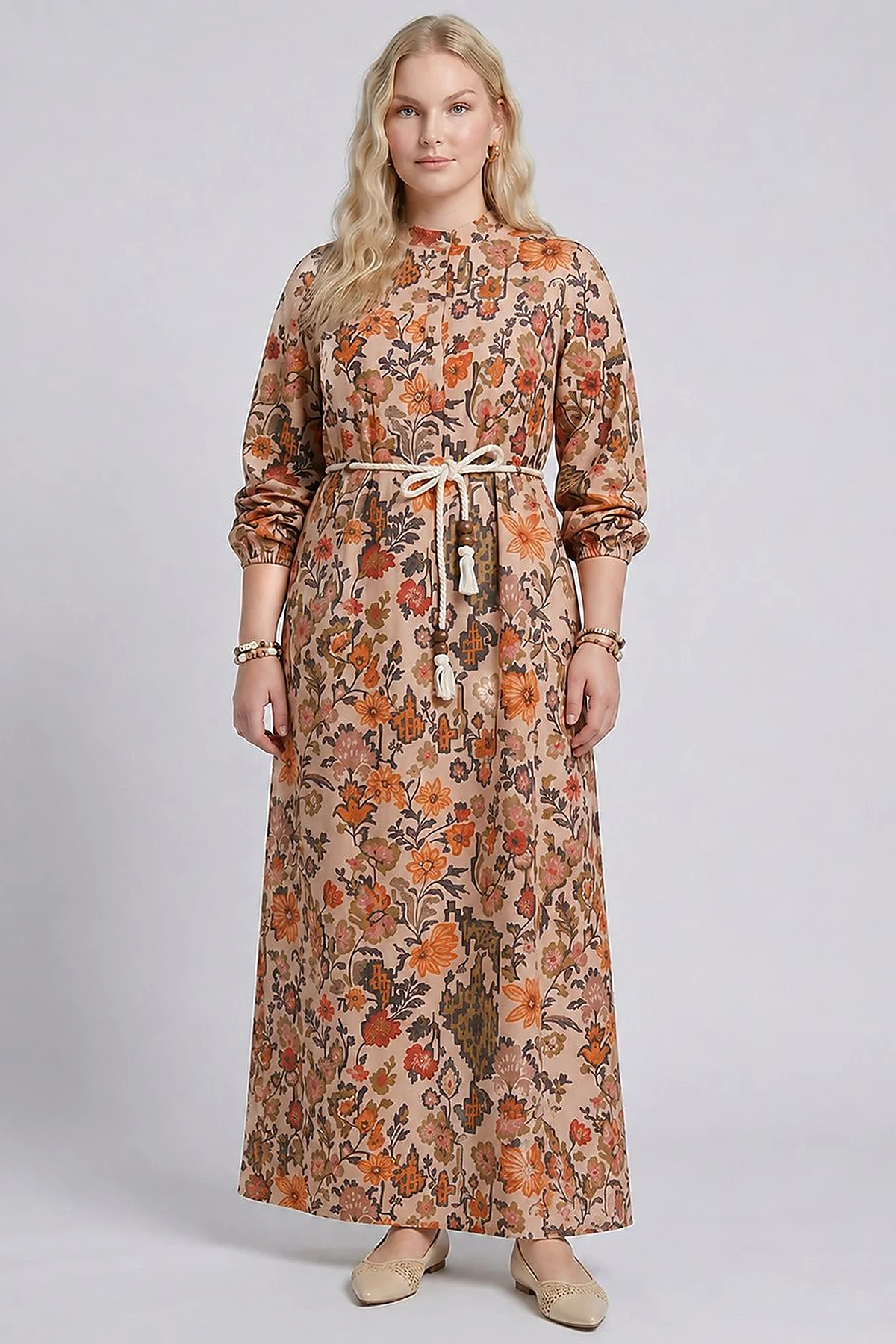 100% Cotton Patterned Band Collar Dress – Beige
