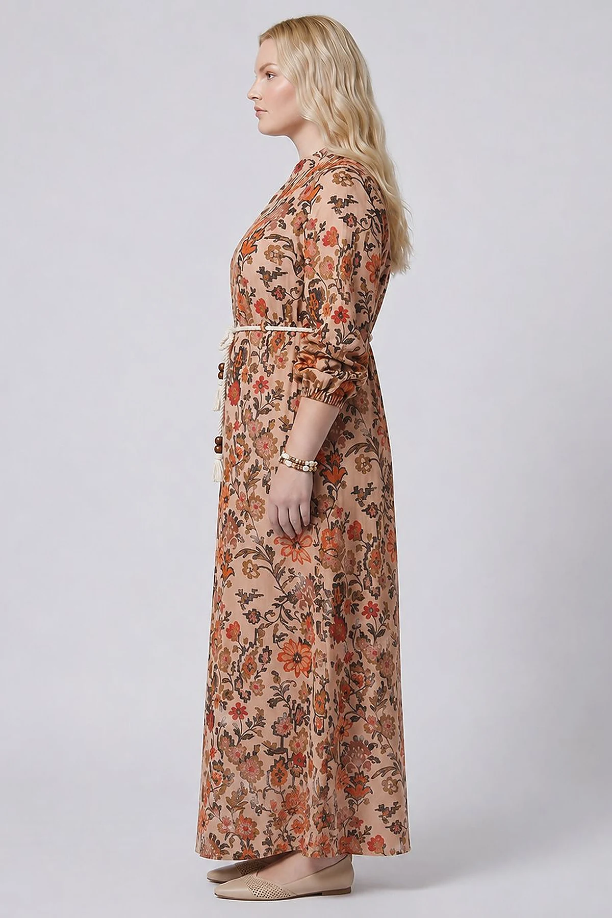 100% Cotton Patterned Band Collar Dress – Beige