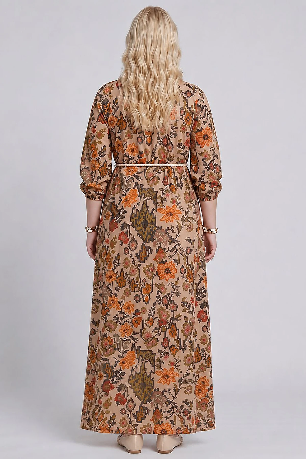 100% Cotton Patterned Band Collar Dress – Beige