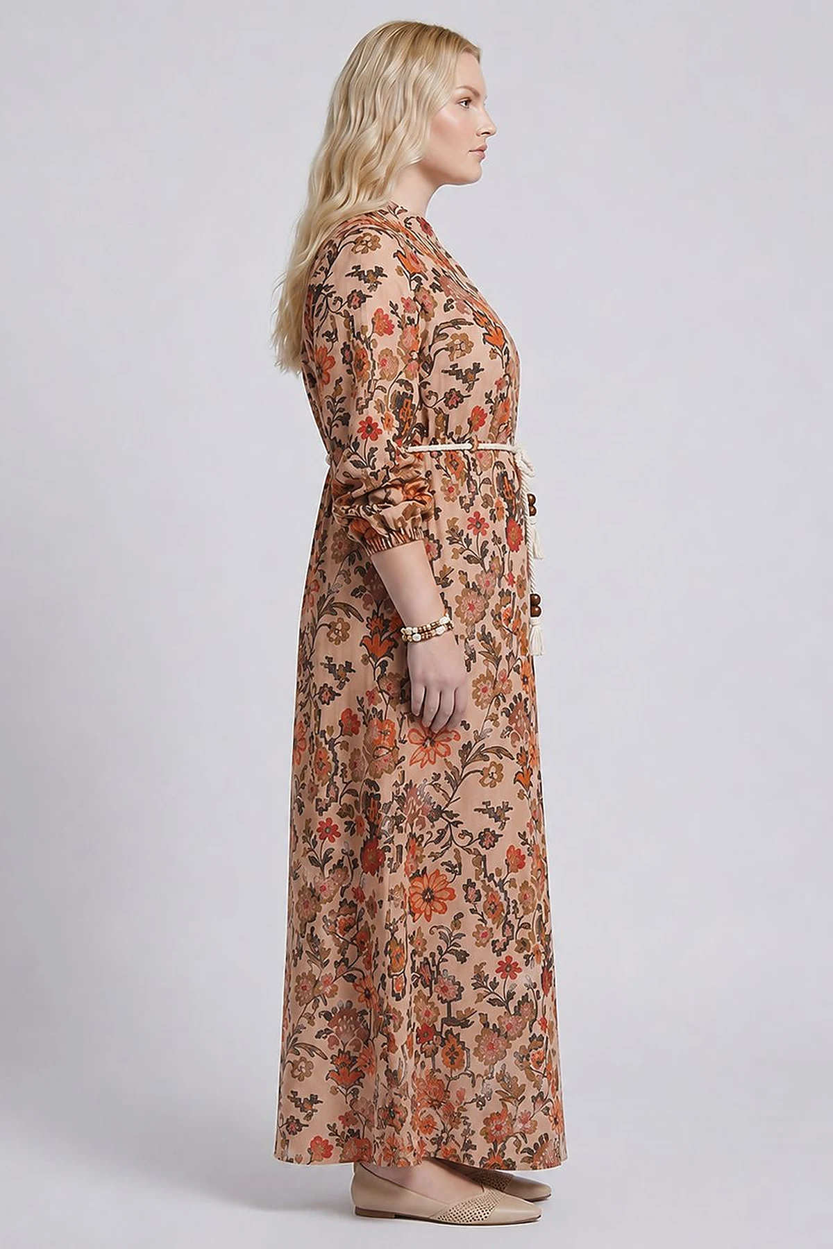 100% Cotton Patterned Band Collar Dress – Beige