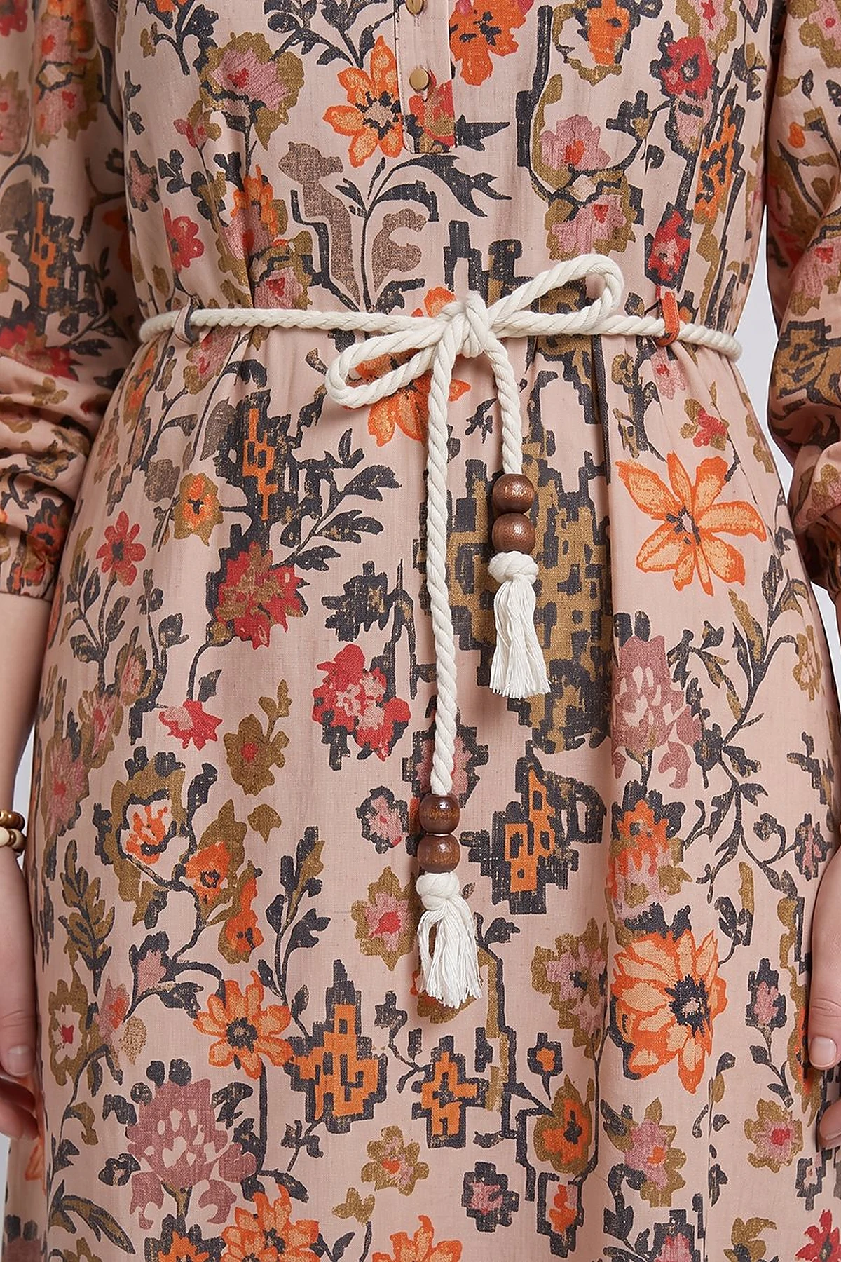 100% Cotton Patterned Band Collar Dress – Beige