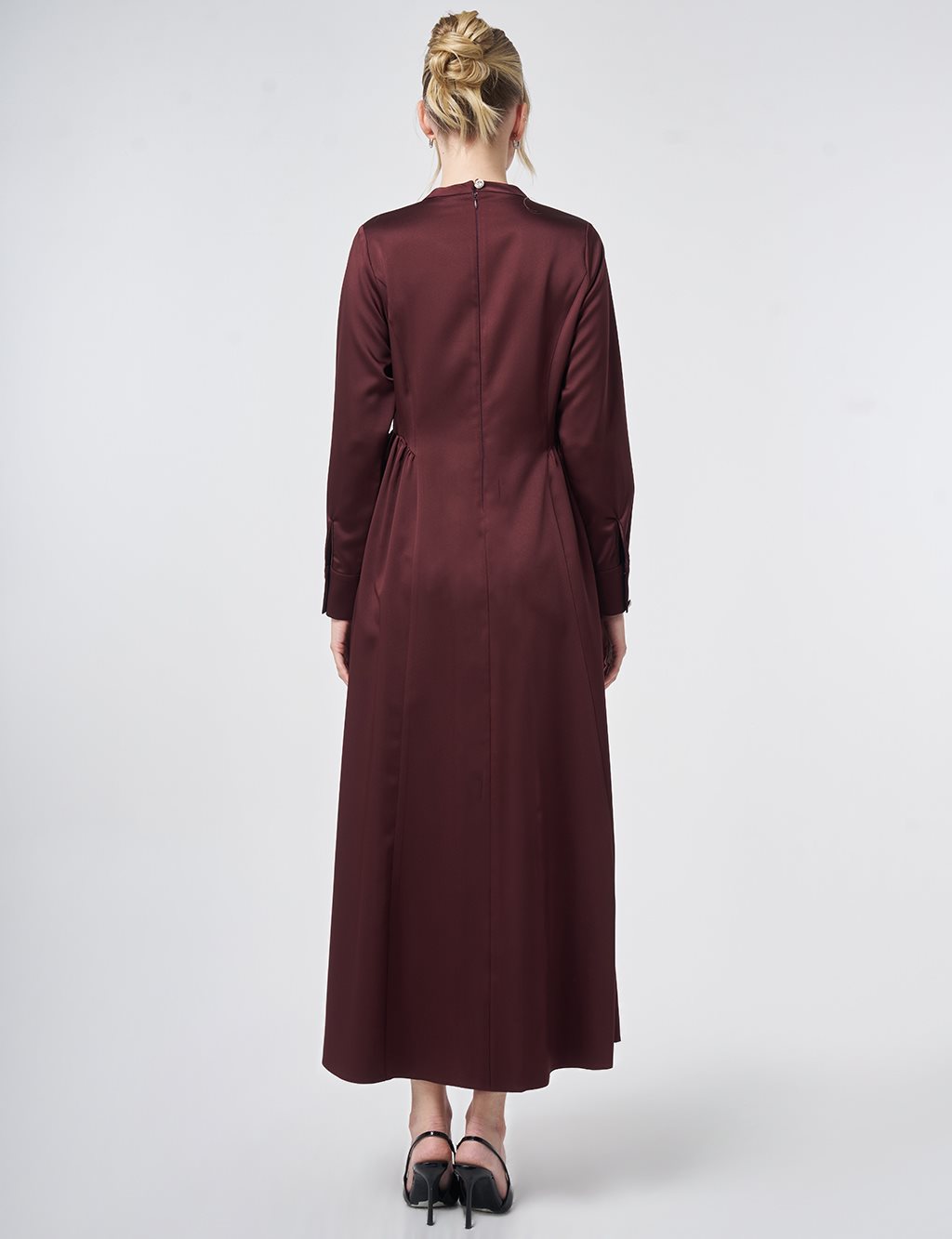 Pleated Satin Dress – Burgundy