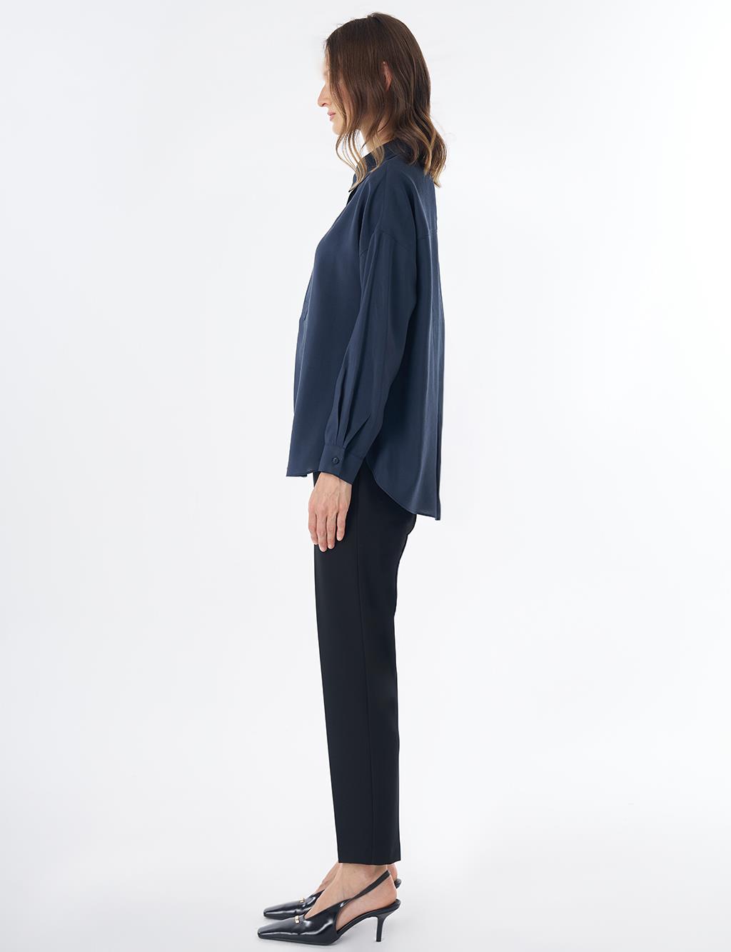 Half Placket Basic Blouse - Navy