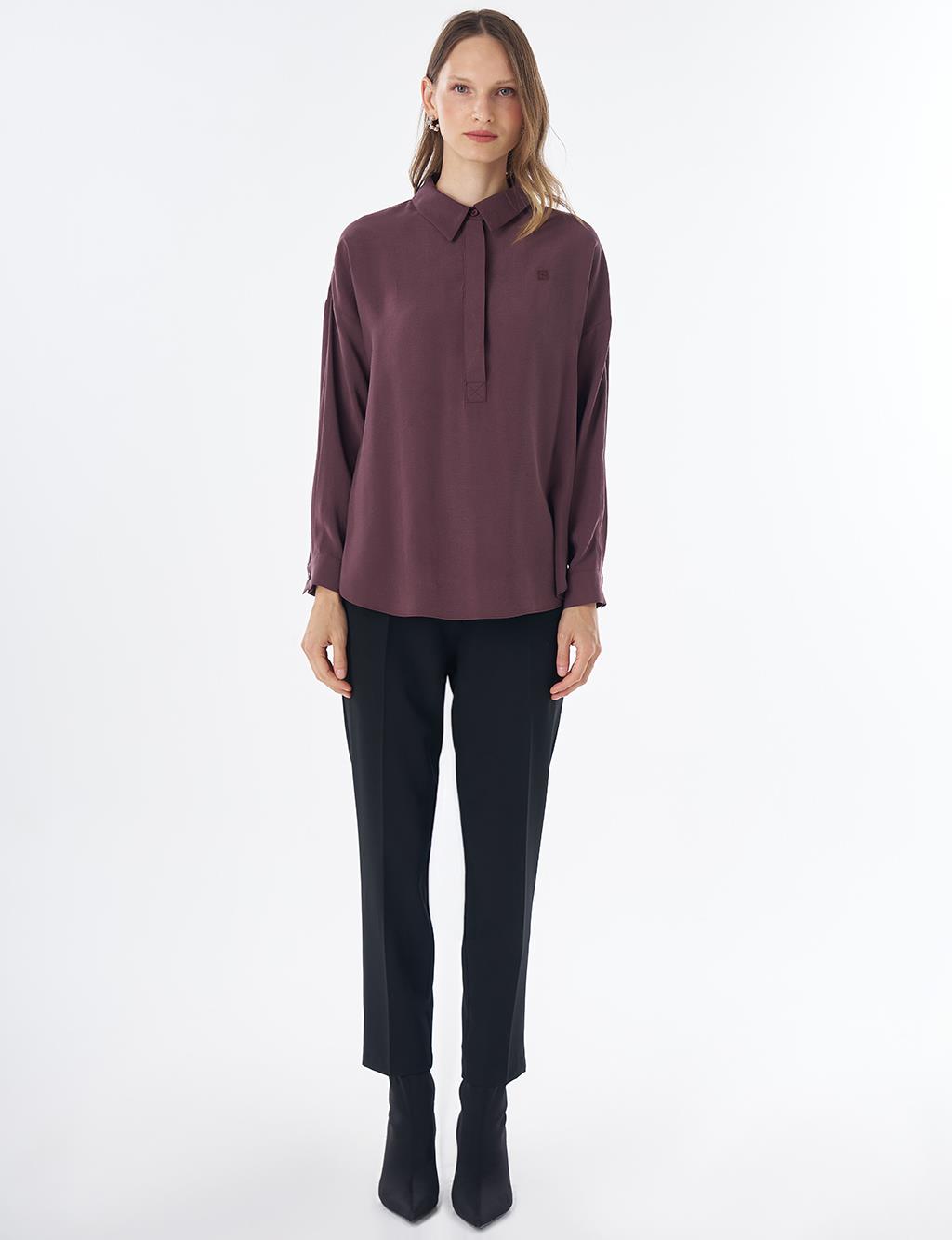 Half Placket Basic Blouse - Burgundy