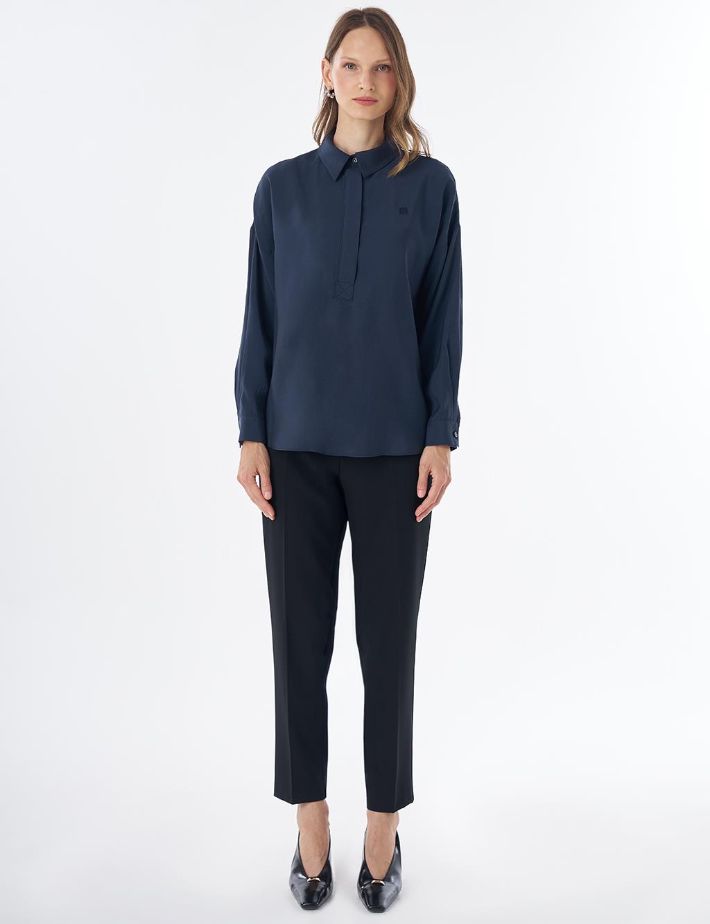 Half Placket Basic Blouse - Navy