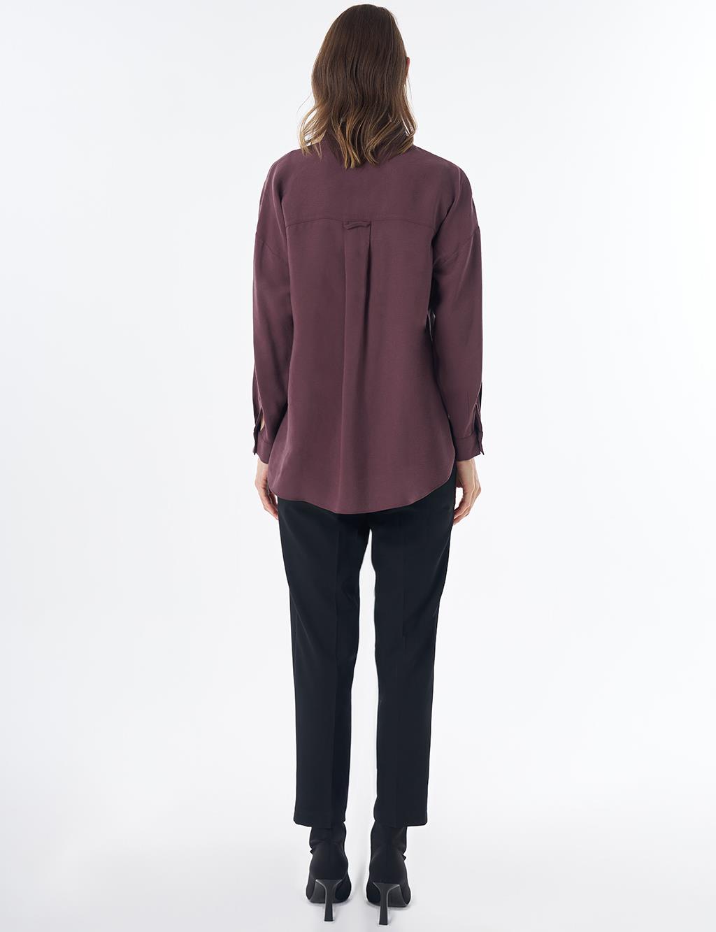 Half Placket Basic Blouse - Burgundy