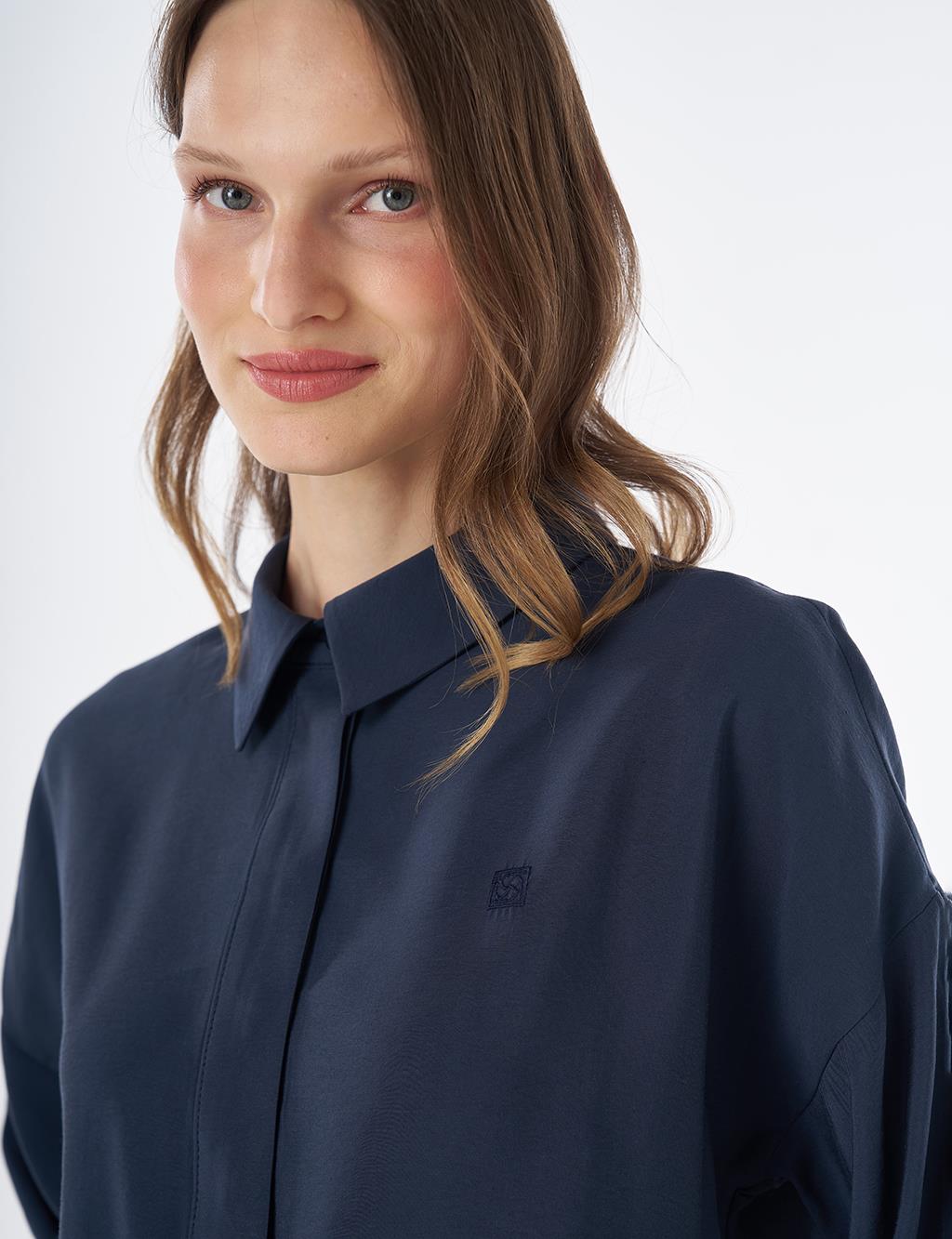 Half Placket Basic Blouse - Navy