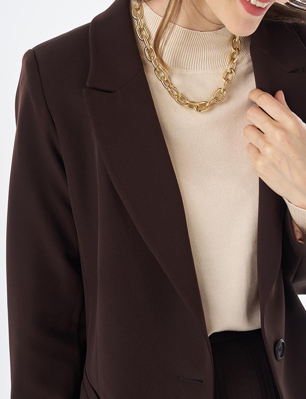 Single-Button Basic Blazer - Dark Brown