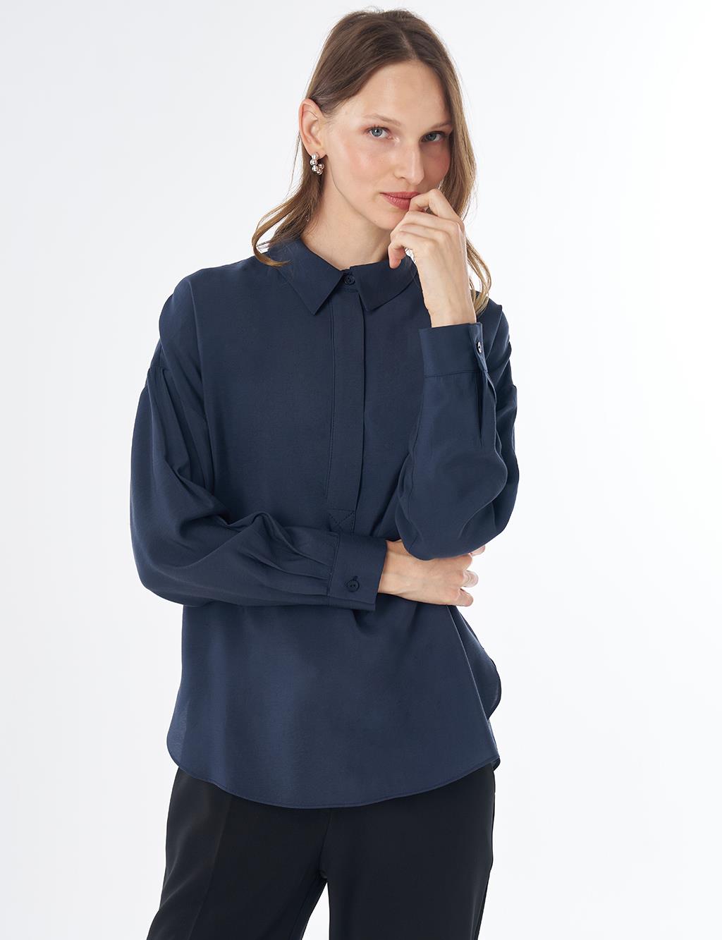 Half Placket Basic Blouse - Navy