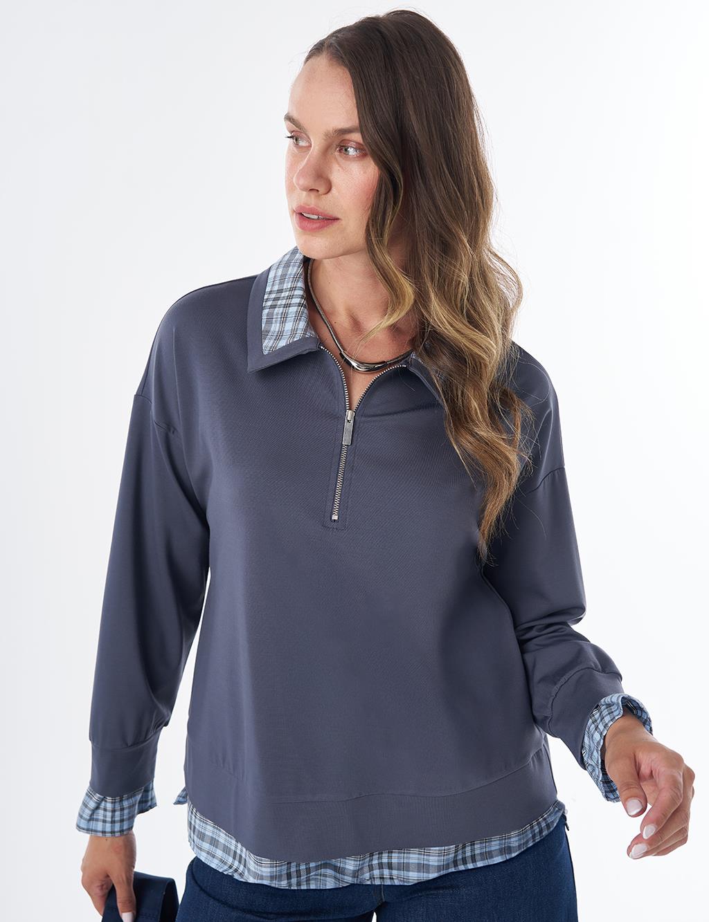 Gömlek Yaka Katmanlı Sweatshirt Okyanus Derini