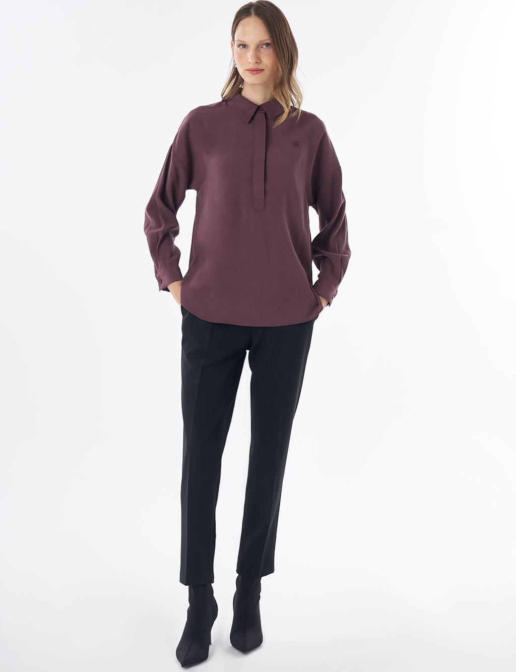 Half Placket Basic Blouse - Burgundy
