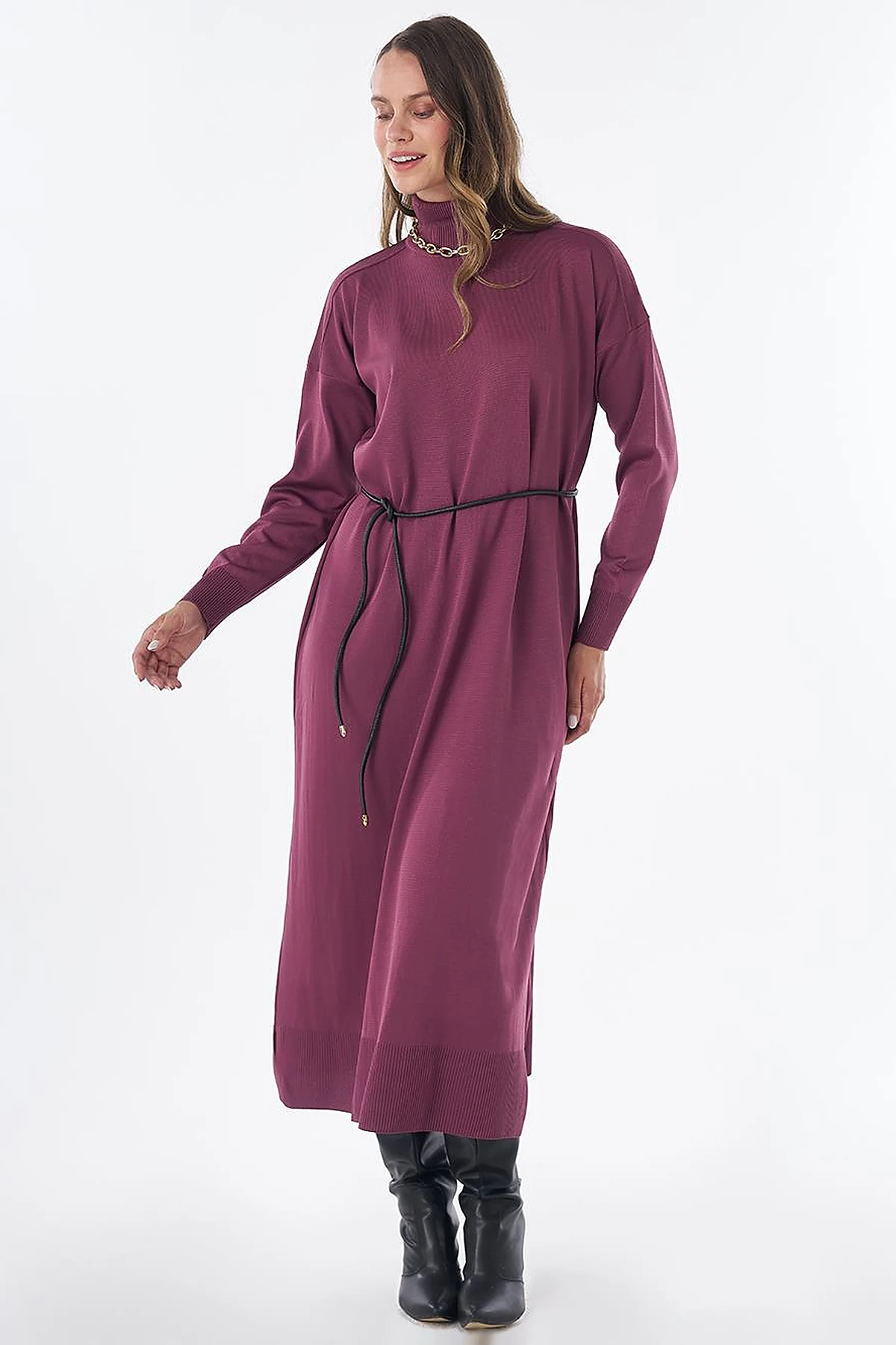 Turtleneck Knit Dress – Plum