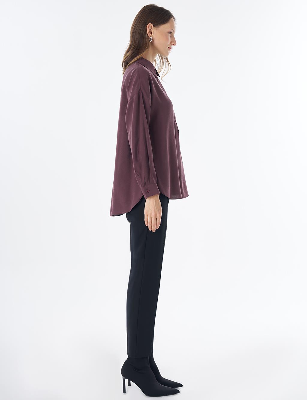 Half Placket Basic Blouse - Burgundy