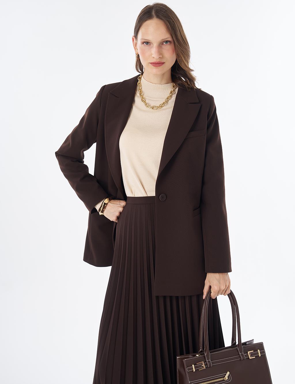 Single-Button Basic Blazer - Dark Brown