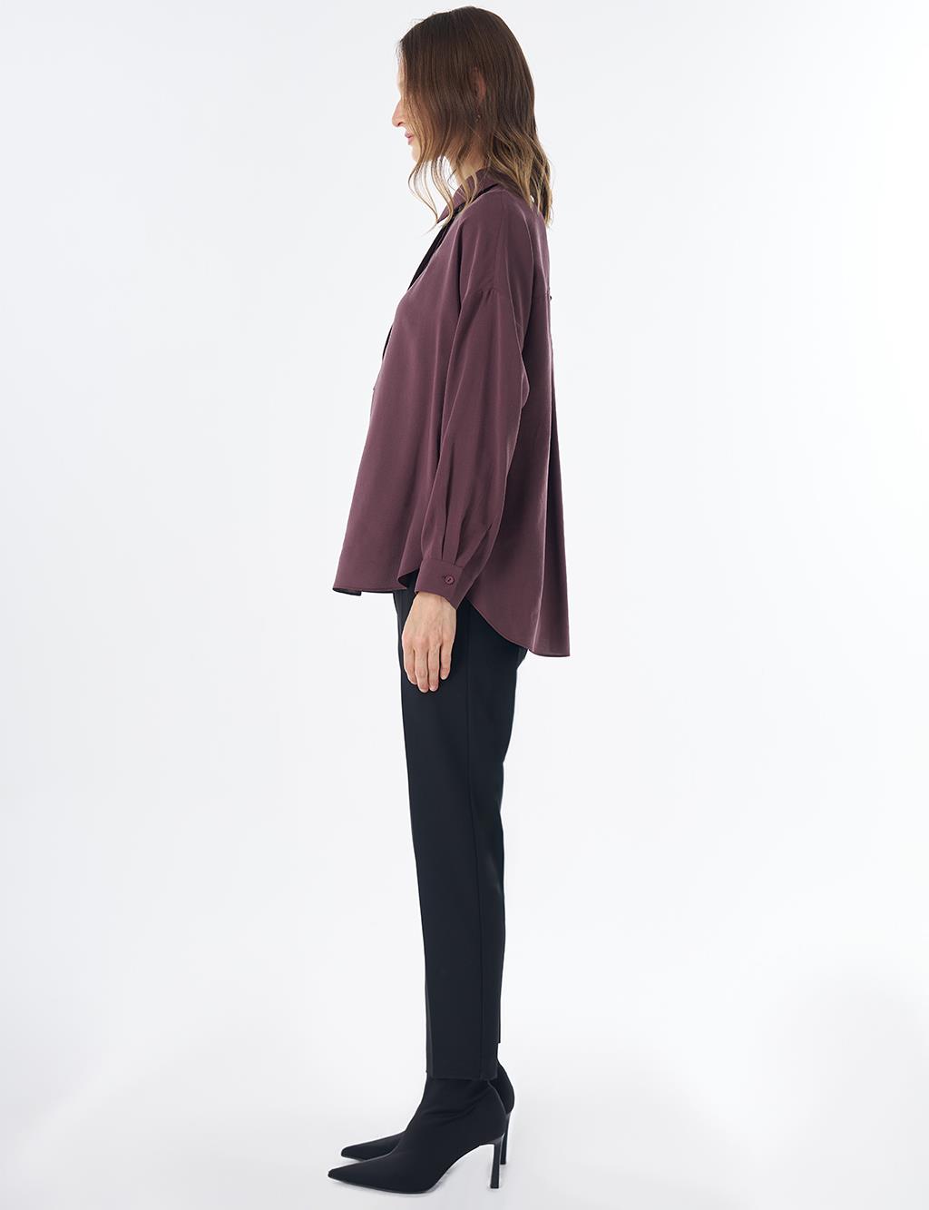 Half Placket Basic Blouse - Burgundy