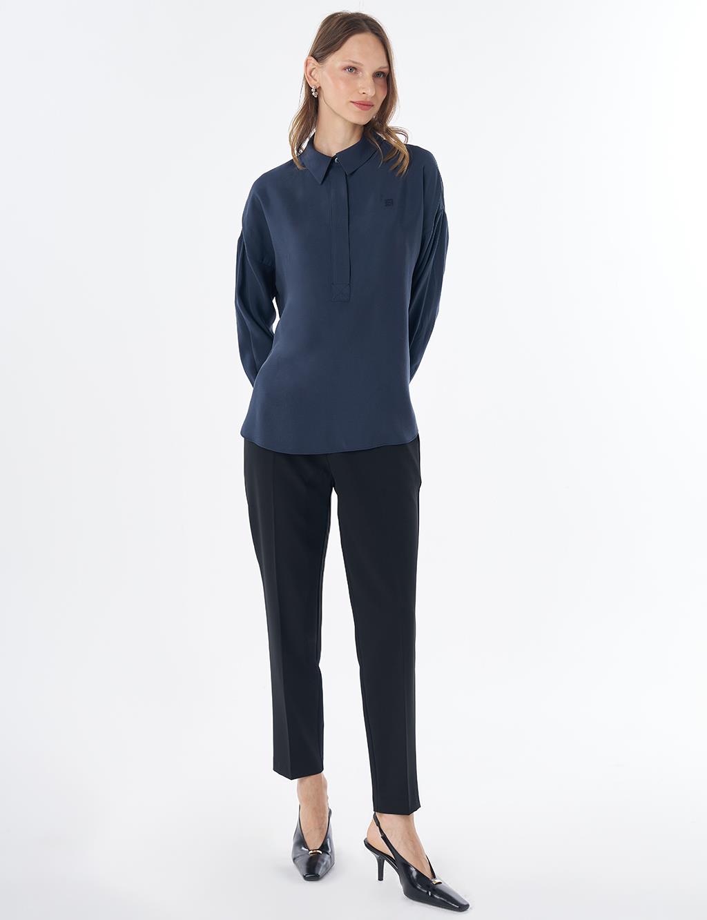 Half Placket Basic Blouse - Navy