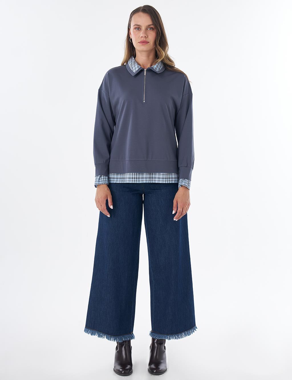 Gömlek Yaka Katmanlı Sweatshirt Okyanus Derini