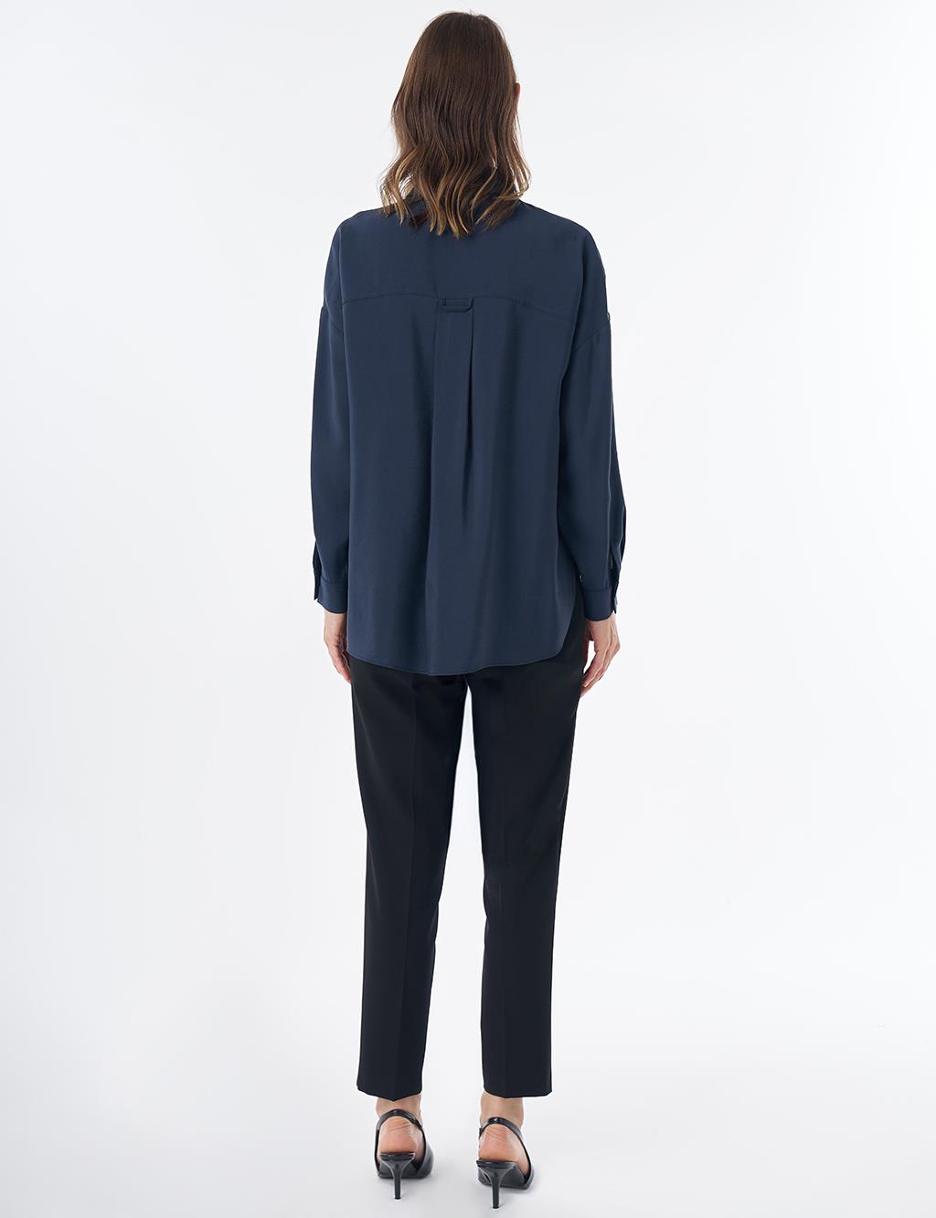Half Placket Basic Blouse - Navy