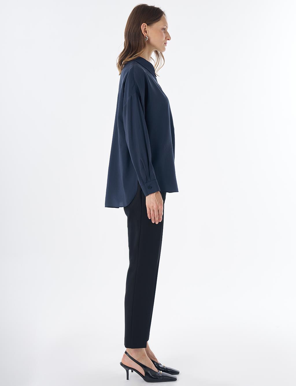 Half Placket Basic Blouse - Navy