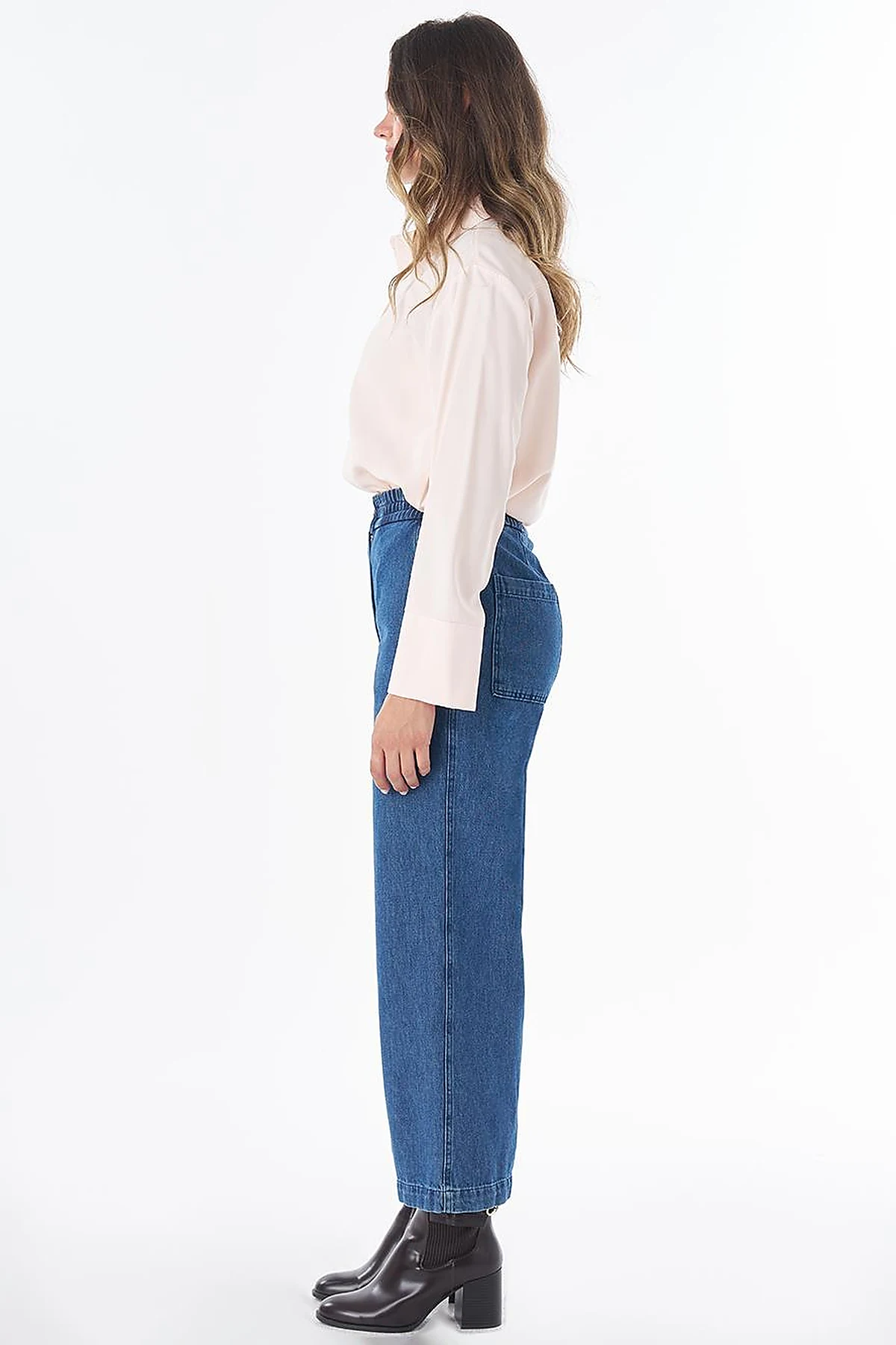 Elastic-Waist Denim Pants with Pockets in Blue