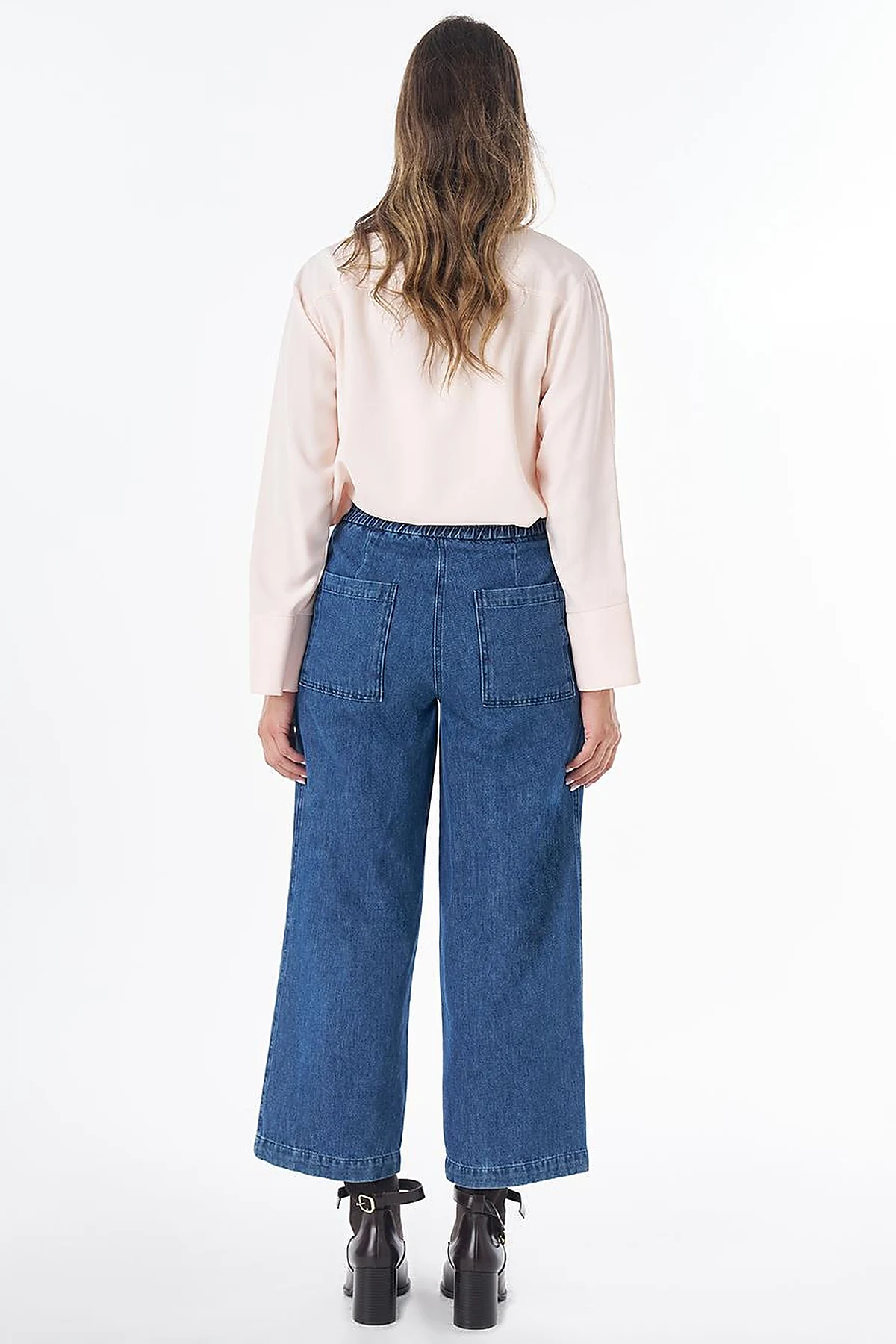 Elastic-Waist Denim Pants with Pockets in Blue