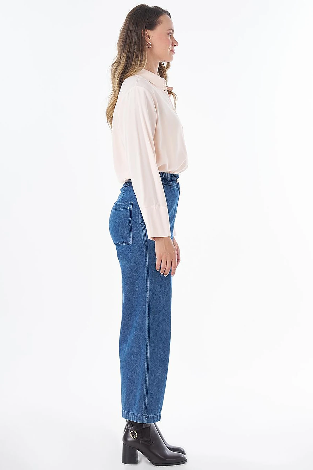 Elastic-Waist Denim Pants with Pockets in Blue