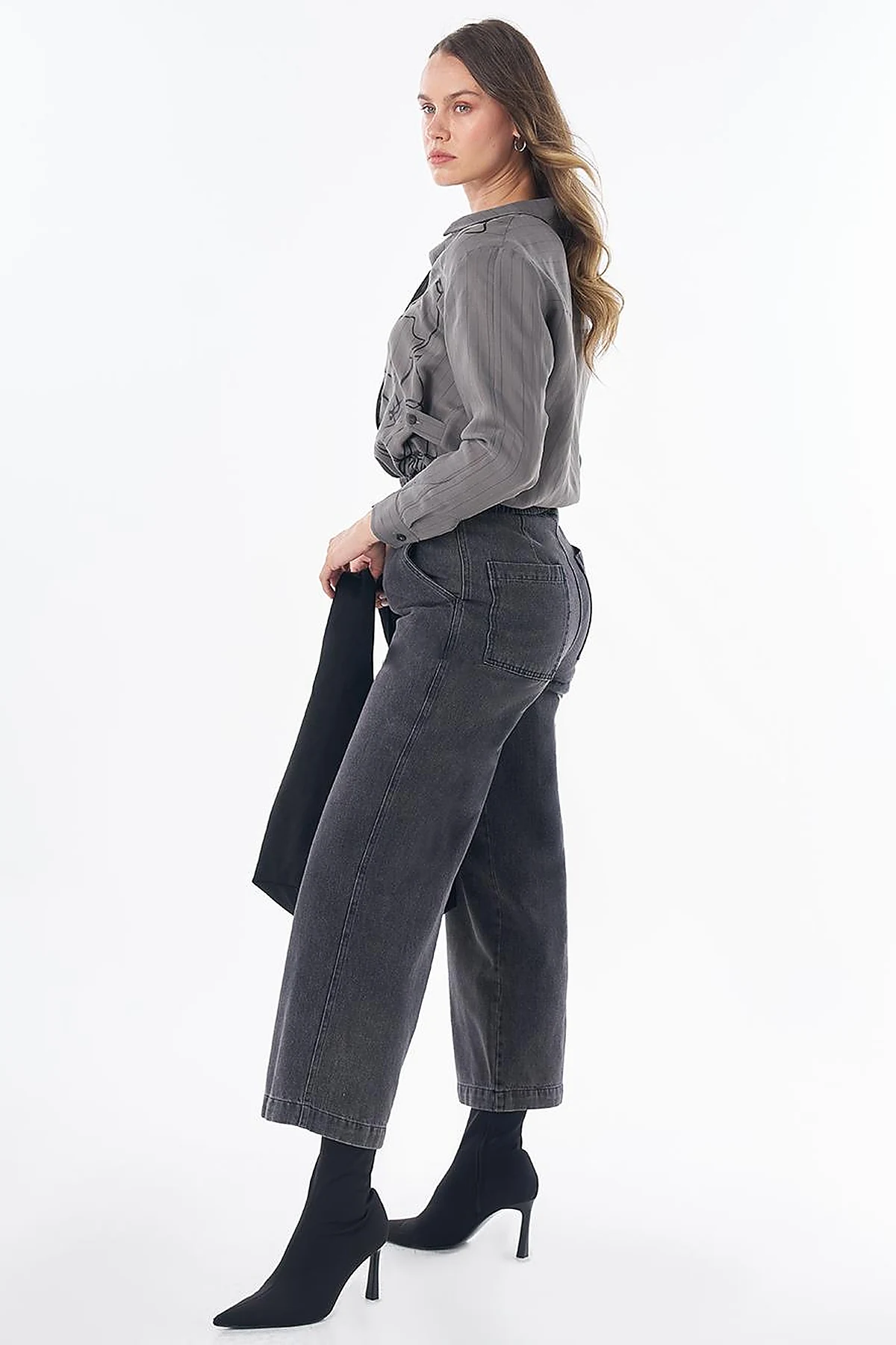 Elastic-Waist Denim Pants with Pockets in Black