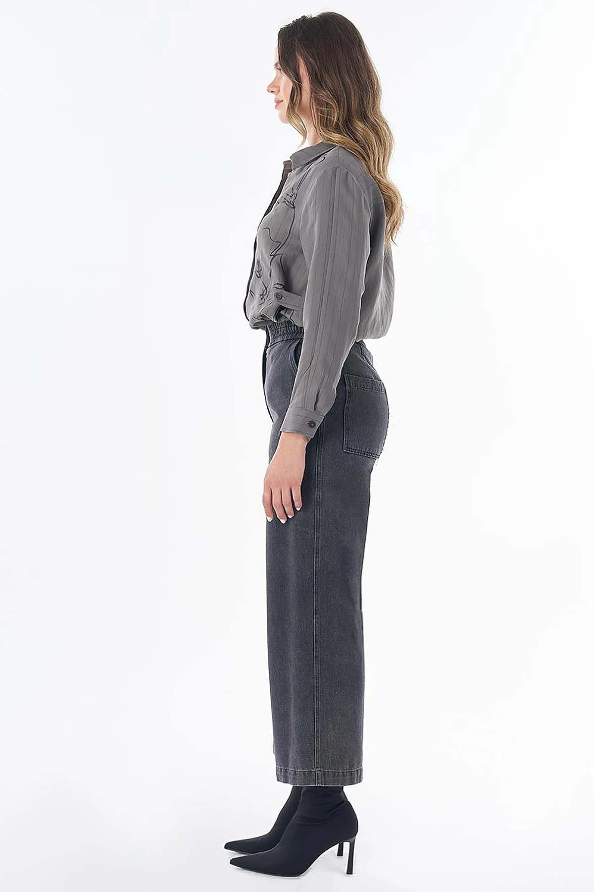 Elastic-Waist Denim Pants with Pockets in Black