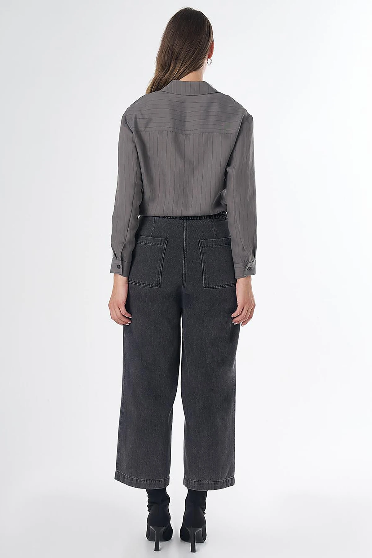 Elastic-Waist Denim Pants with Pockets in Black