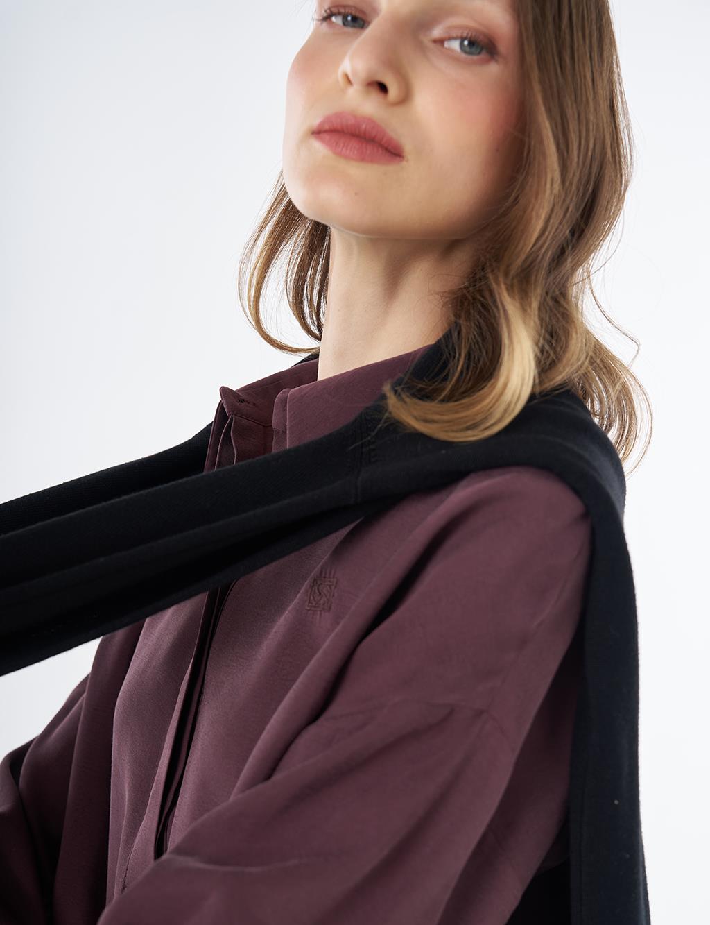 Half Placket Basic Blouse - Burgundy