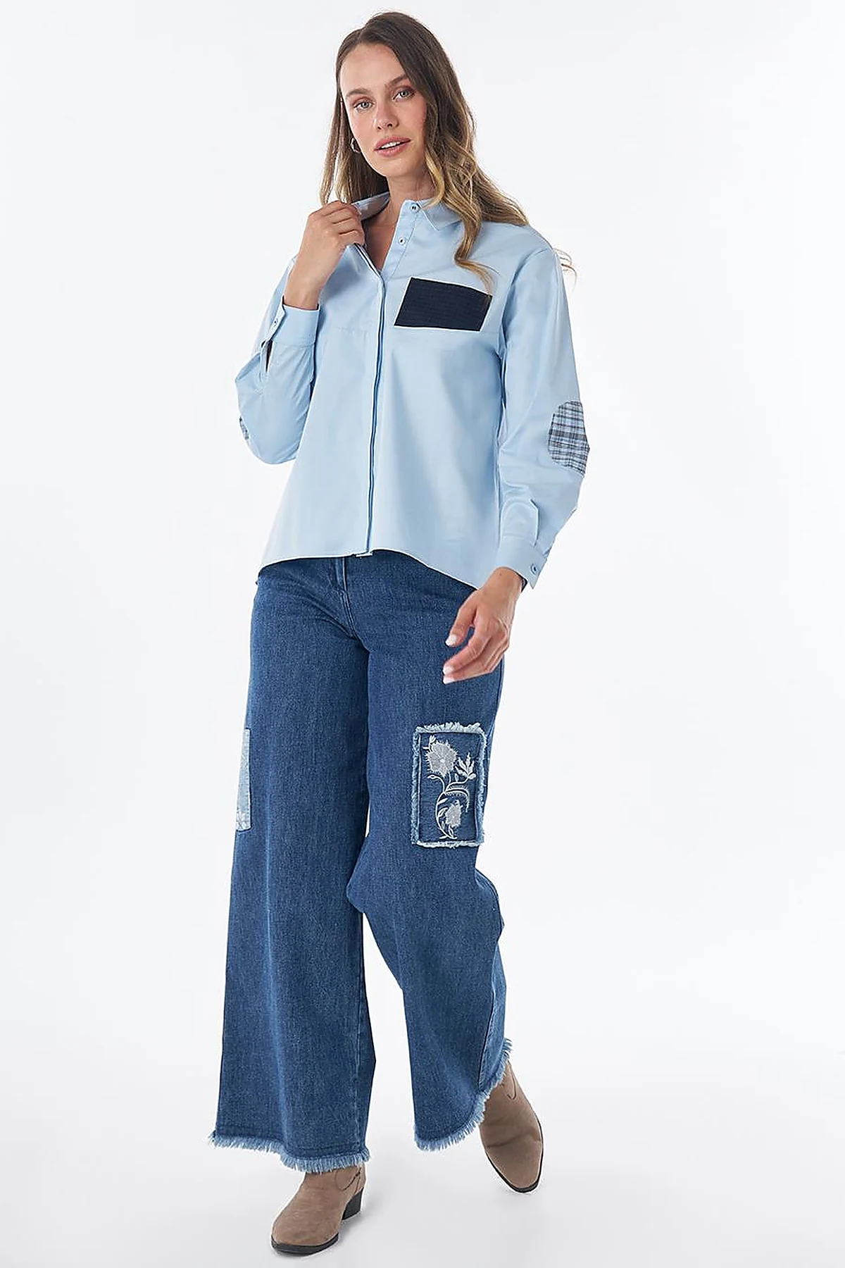 Cotton Tunic with Fabric Trim in Blue