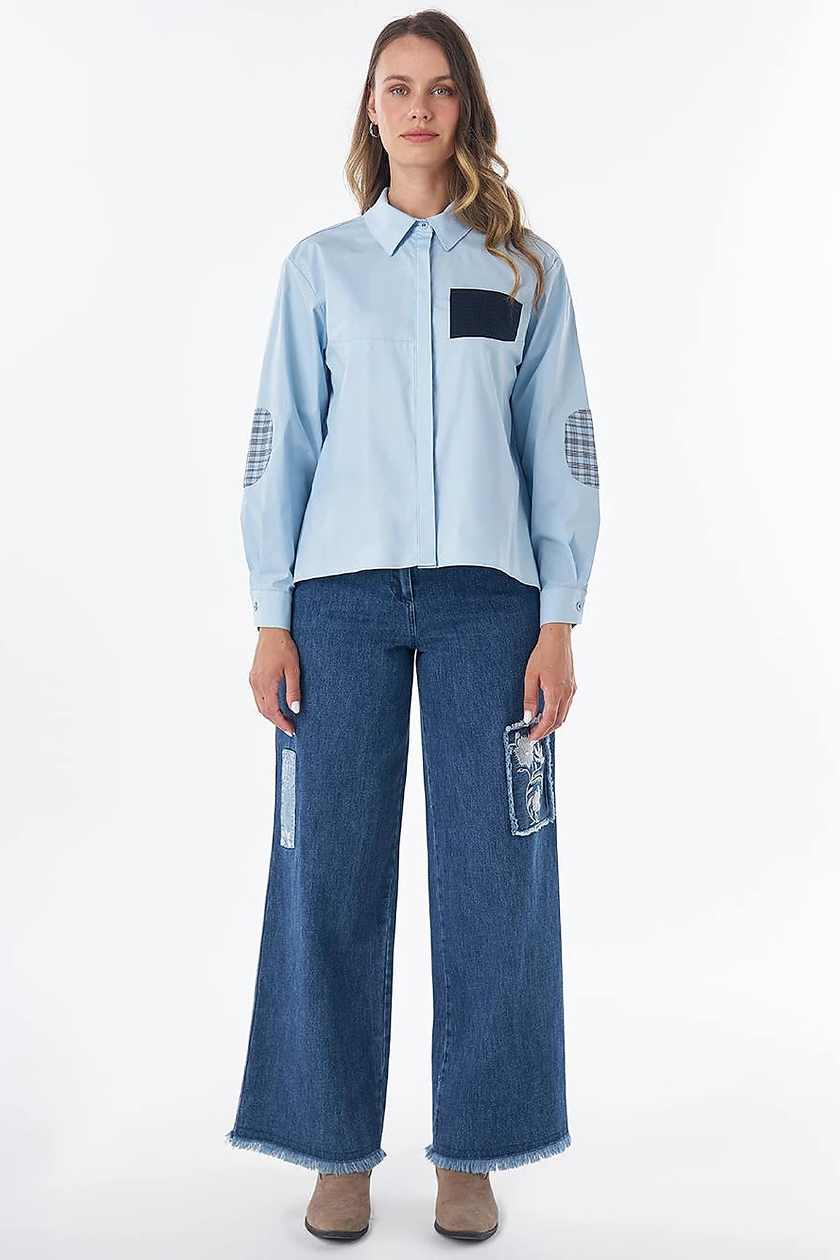 Cotton Tunic with Fabric Trim in Blue